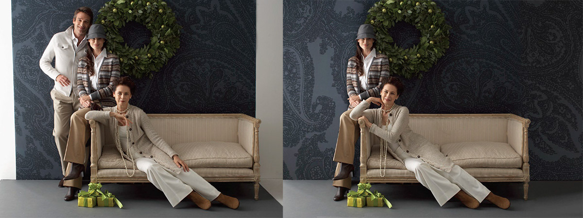 Talbots | Remove male model, swap model on couch, extend background (before & after).
