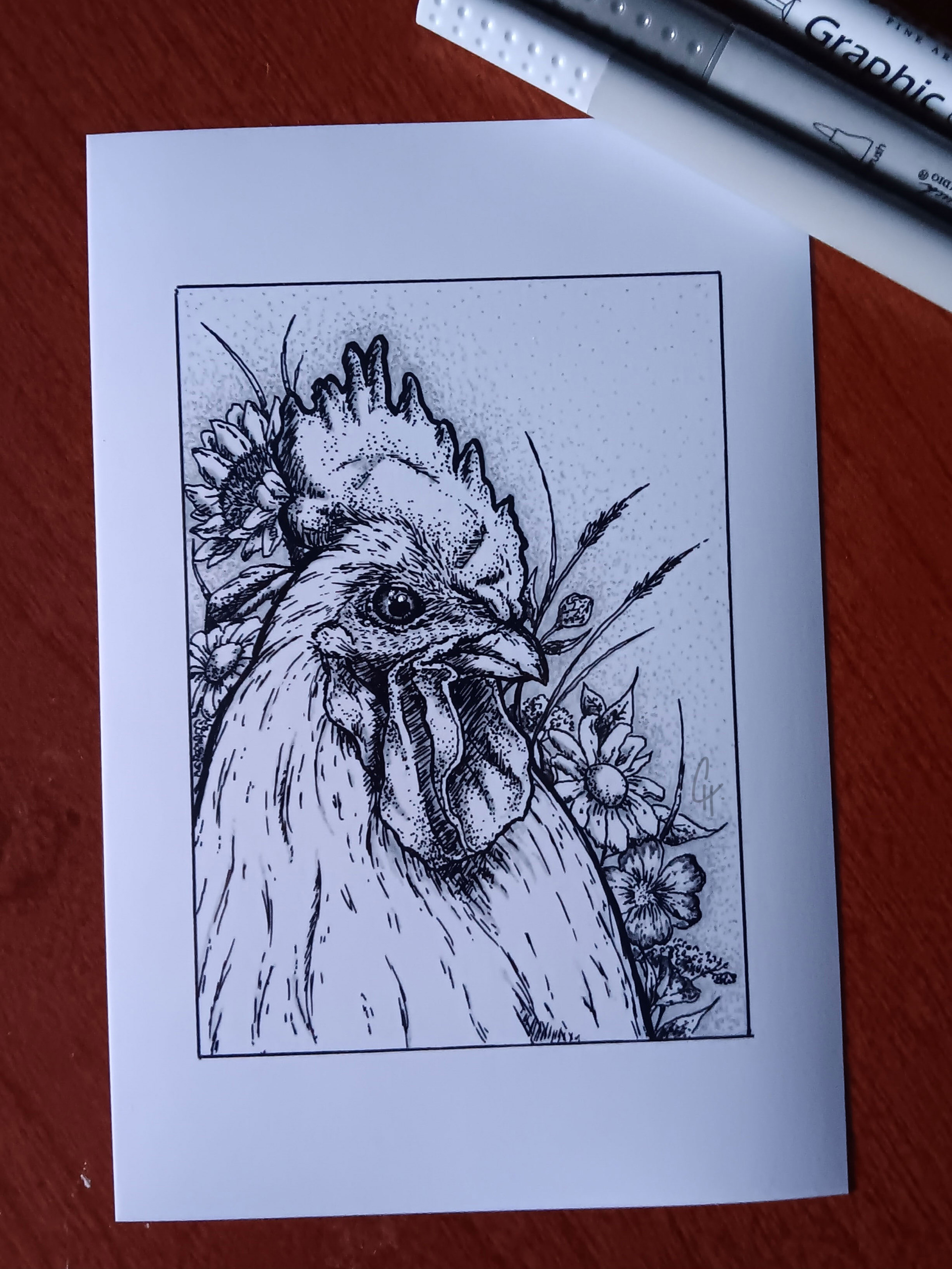 "ROOSTER IN THE FIELD (ILLUSTRATION MARKER ON GLOSSY PHOTO PAPER)