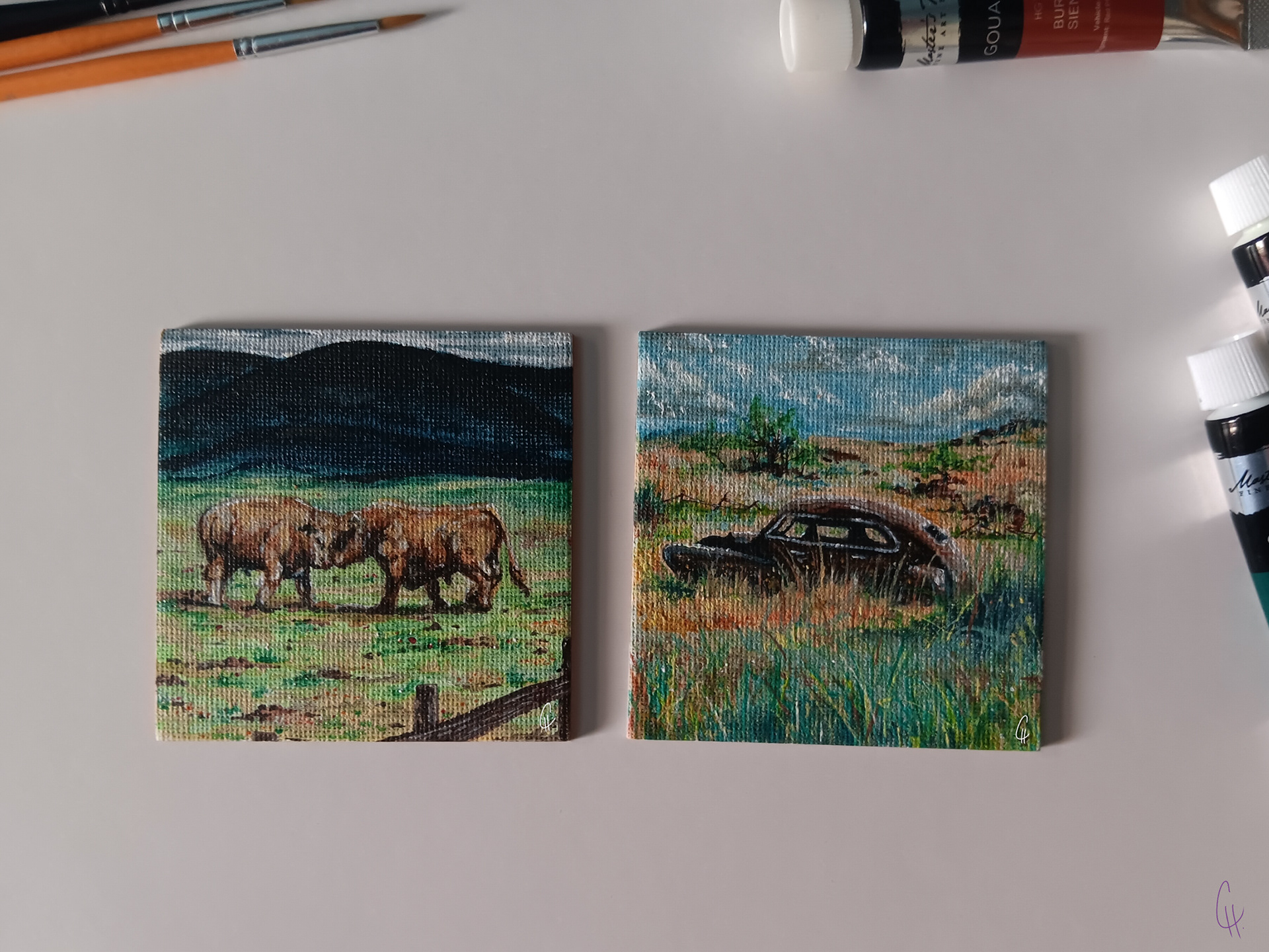 "BULLS IN THE PASTURE" & "RUSTED" (GOUACHE ON MINI CANVAS)
