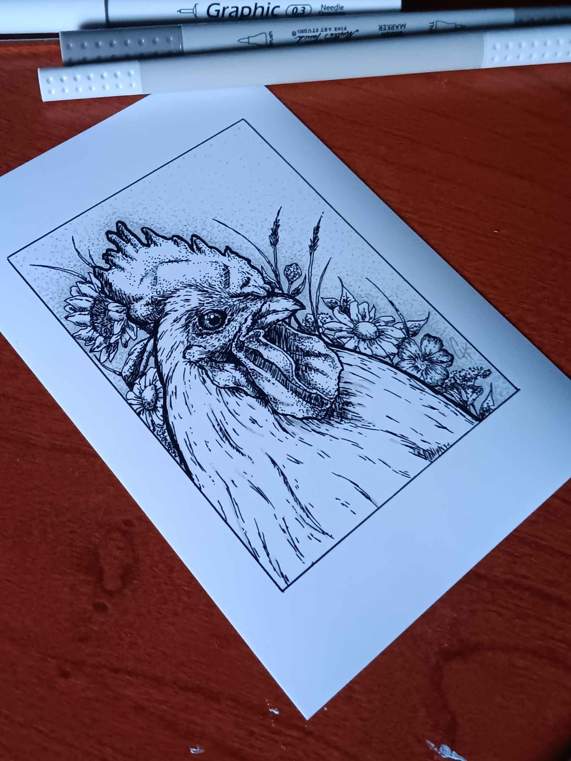 "ROOSTER IN THE FIELD (ILLUSTRATION MARKER ON GLOSSY PHOTO PAPER)