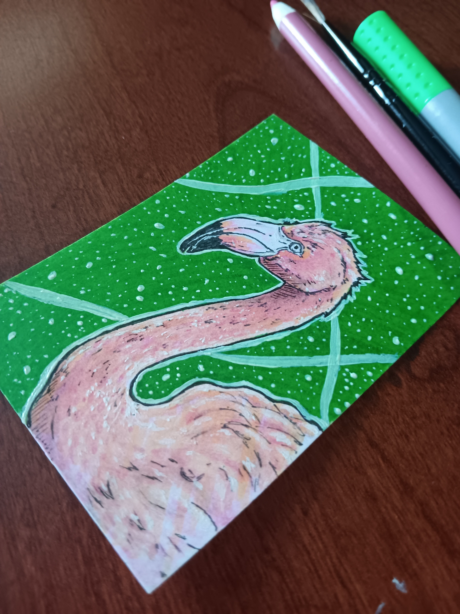 "FLAMINGO" (MIXED MEDIA | 2.5"X3.5")