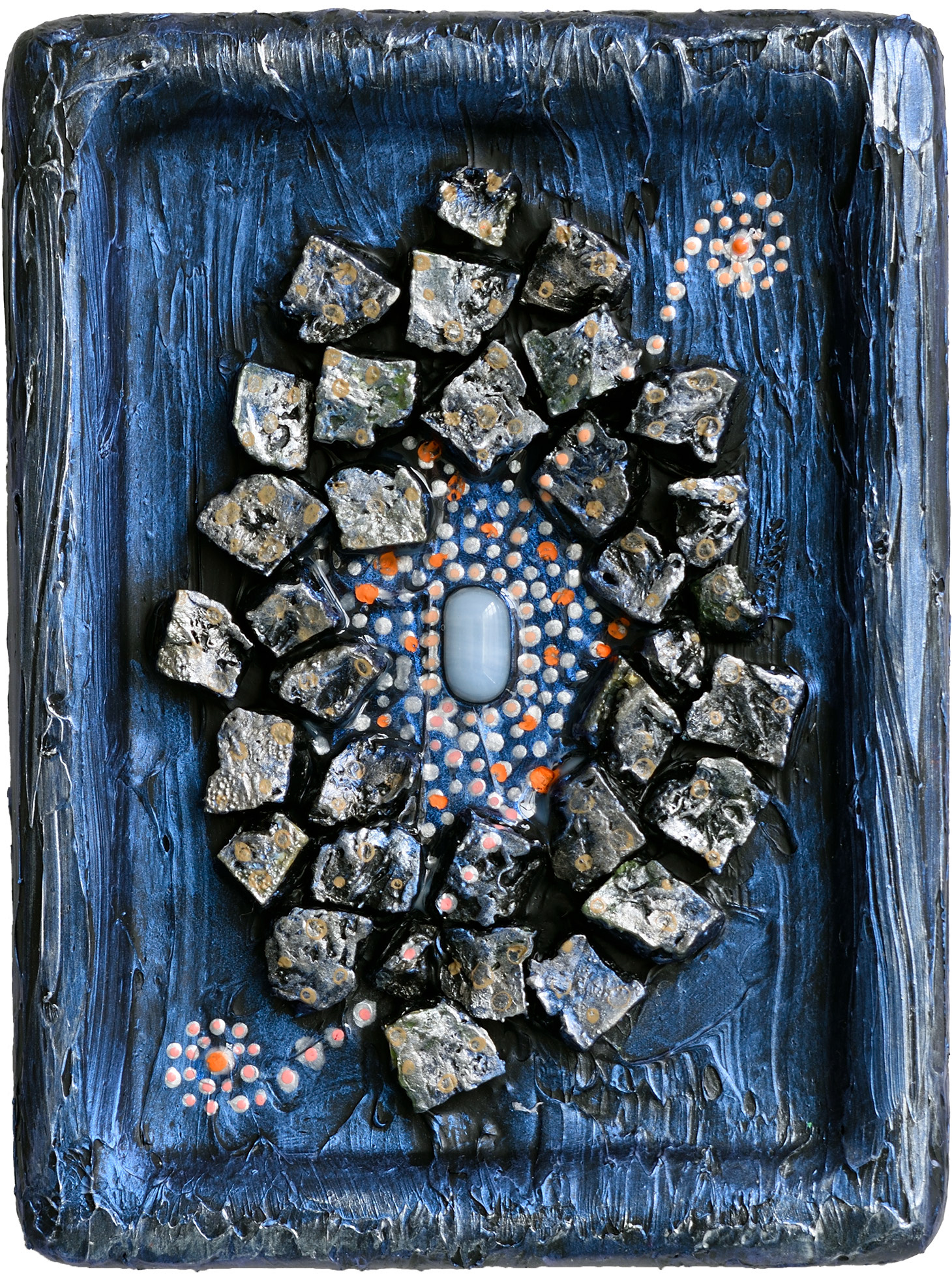 “Artifact 05”, 2024, acrylic and fused glass on sintra, 7.75” x 5.75”