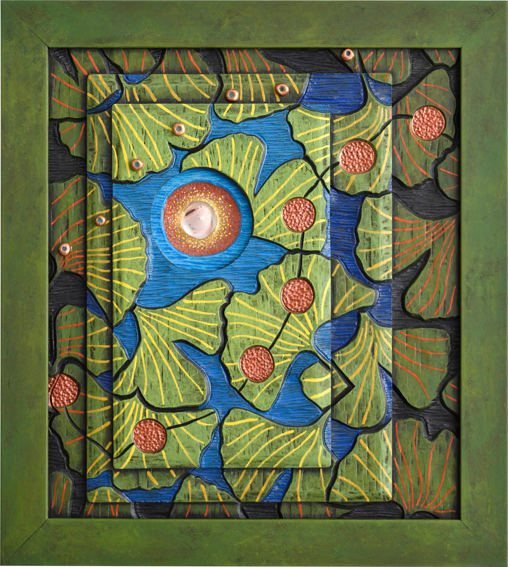 "Timepool No. 1", 2023, acrylic and flameworked glass on sintra, 18.5" x 16.5"