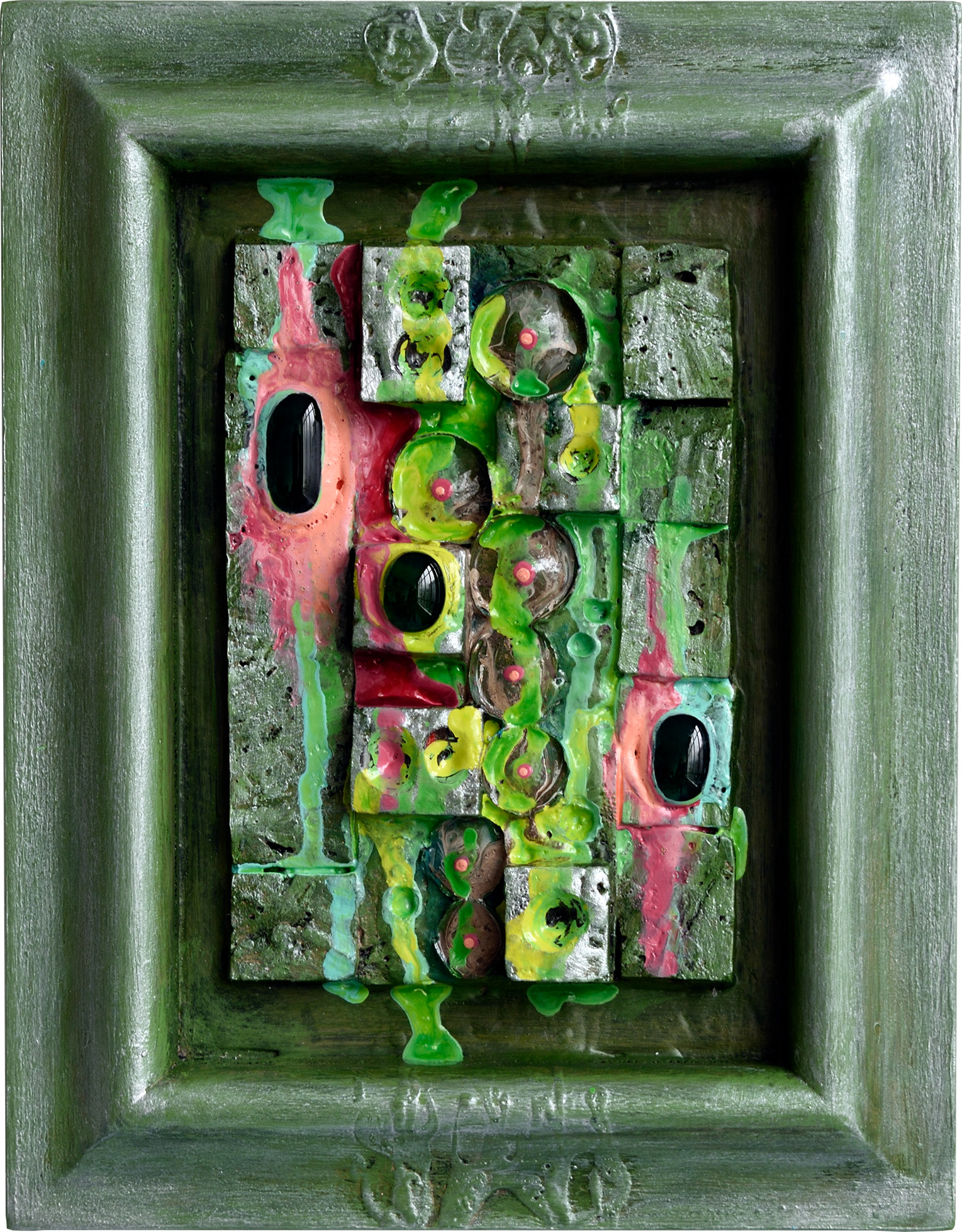 “Artifact 06”, 2024, acrylic and fused glass on sintra, 9” x 7”