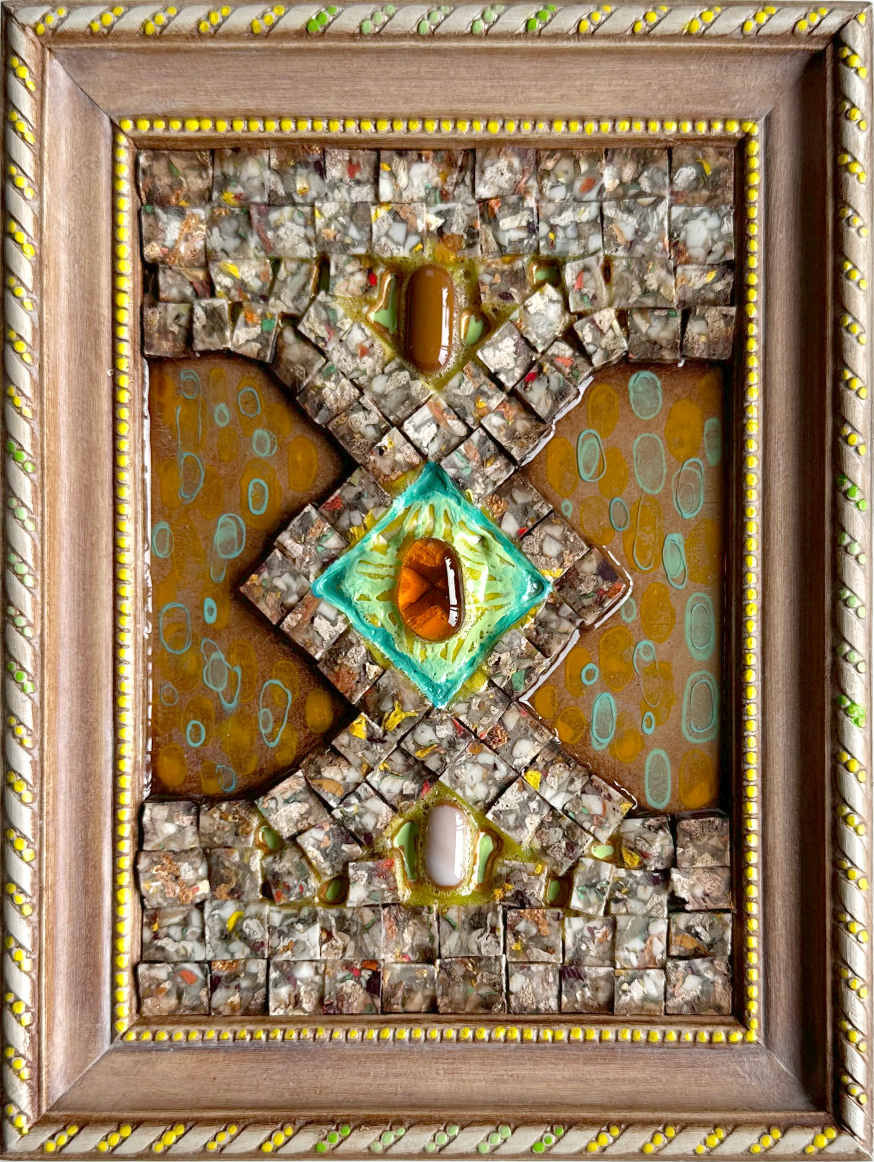 “Artifact 03”, 2024, acrylic and fused glass on sintra, 8.75” x 6.75”