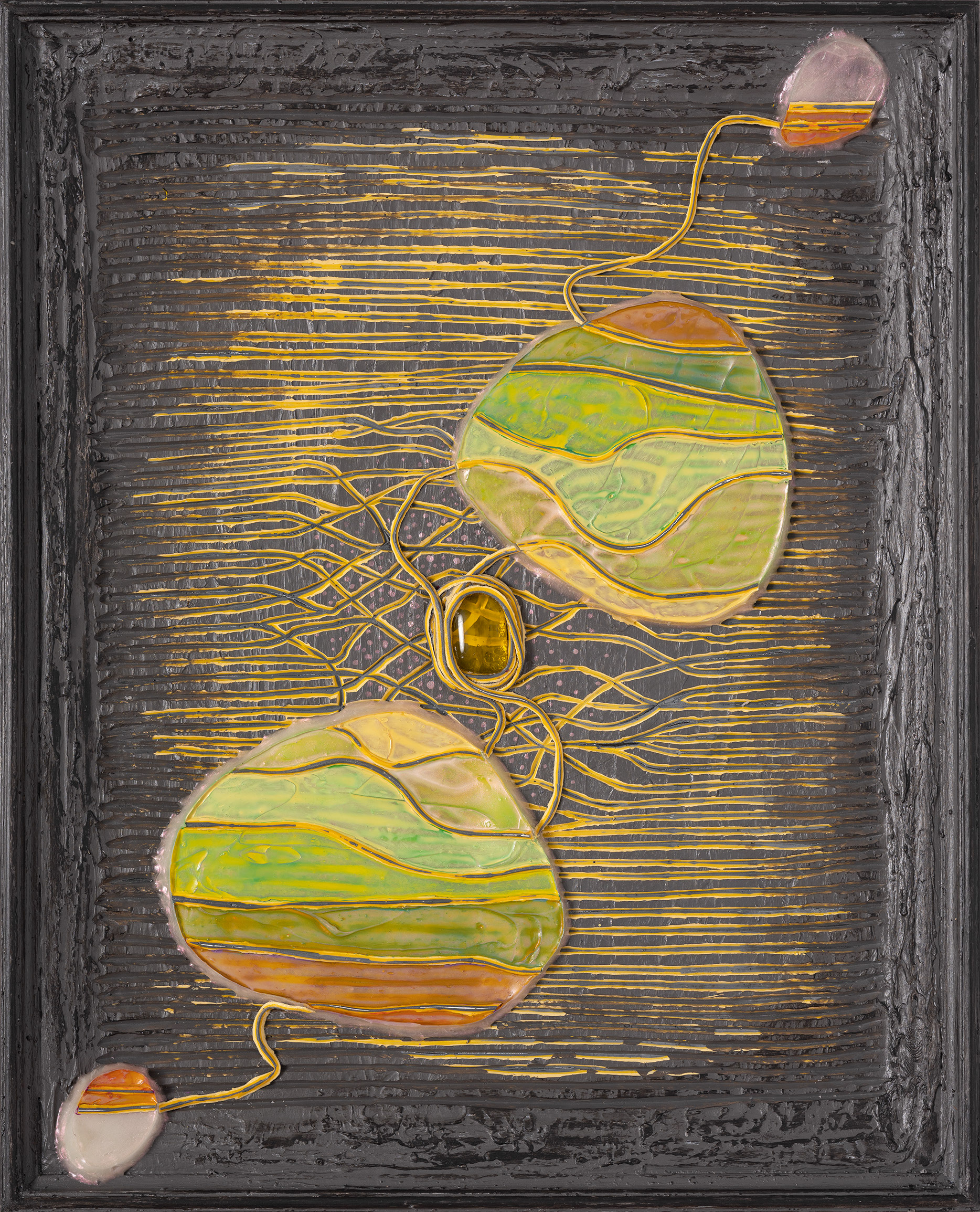 "Tracks", 2024, acrylic and fused glass on sintra, 15.75" x 12.75"