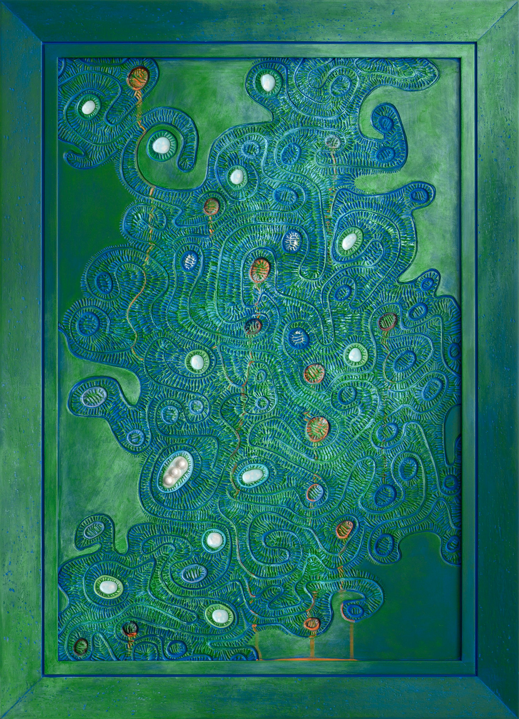 "Coral Strata", 2024, acrylic and air drying clay on sintra, 35.25" x 25.25"