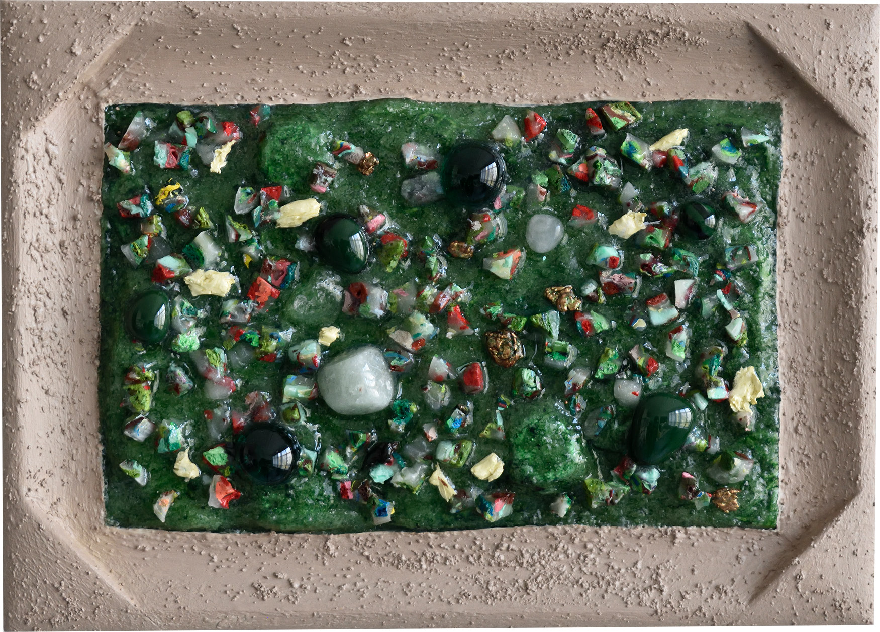 “Turf”, 2024, acrylic, air drying clay, stones, glass on sintra, 5.13” x 7.13”