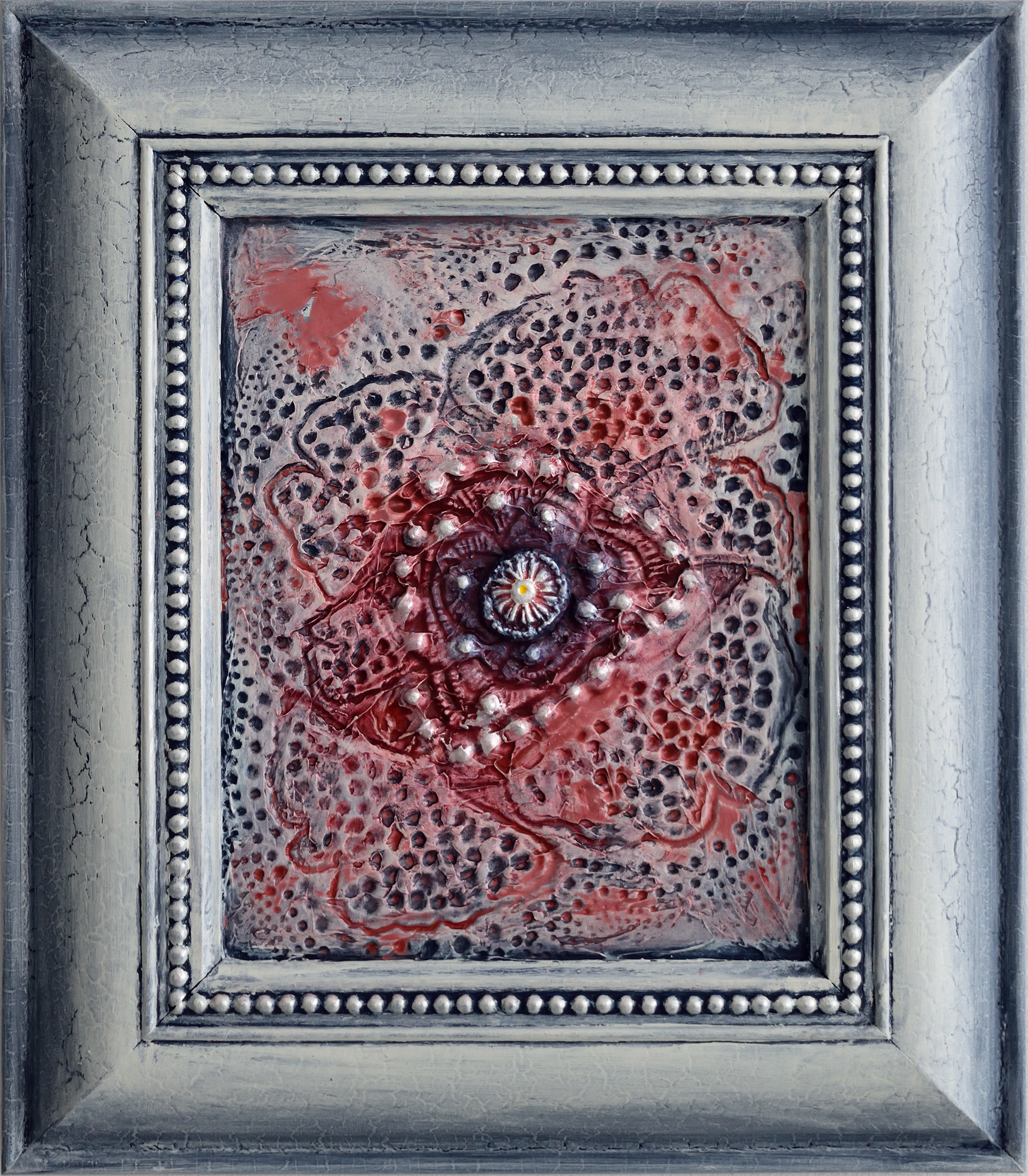 “Seed 02”, 2024, acrylic and air drying clay on sintra, 15.5“ x 13.5“