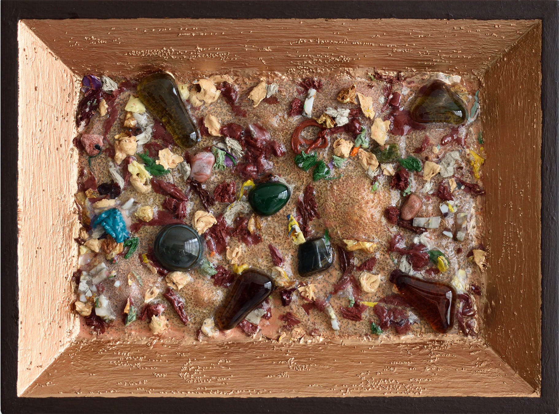 “Shore”, 2024, acrylic, air drying clay, stones, glass on sintra, 5.5” x 7.5”