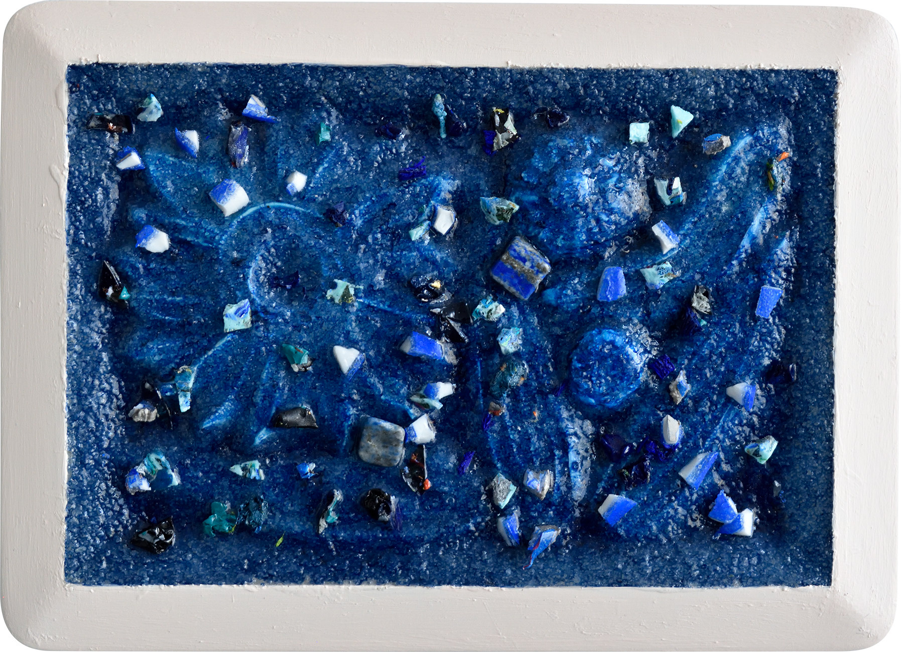 “Lake”, 2024, acrylic, air drying clay, stones, glass on sintra, 5.25” x 7.25”