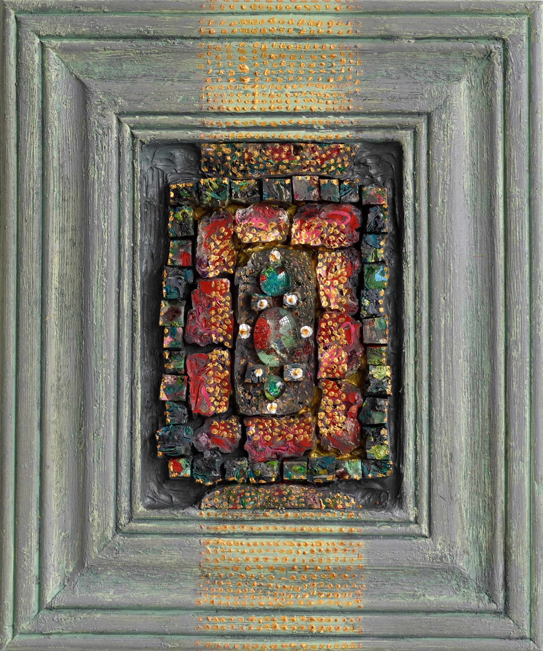 “Artifact 01”, 2024, acrylic and fused glass on sintra, 11” x 9”