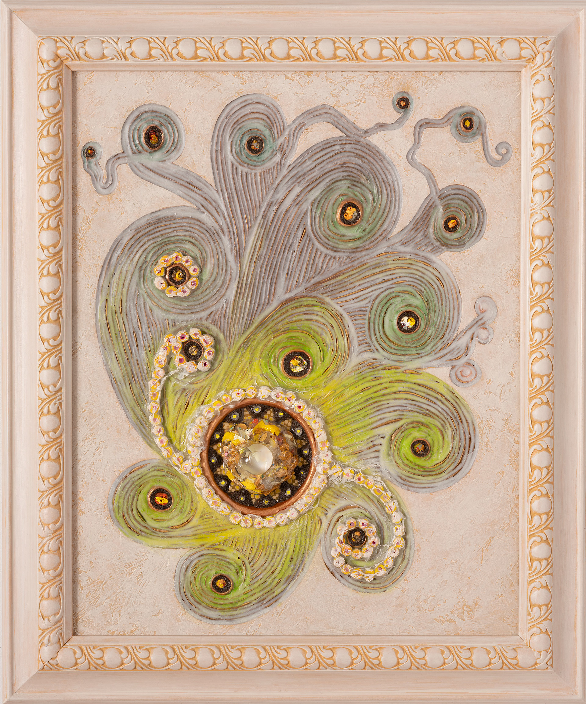 "Sprouting", 2024, acrylic and flameworked glass on sintra, 24.25" x 20.25"