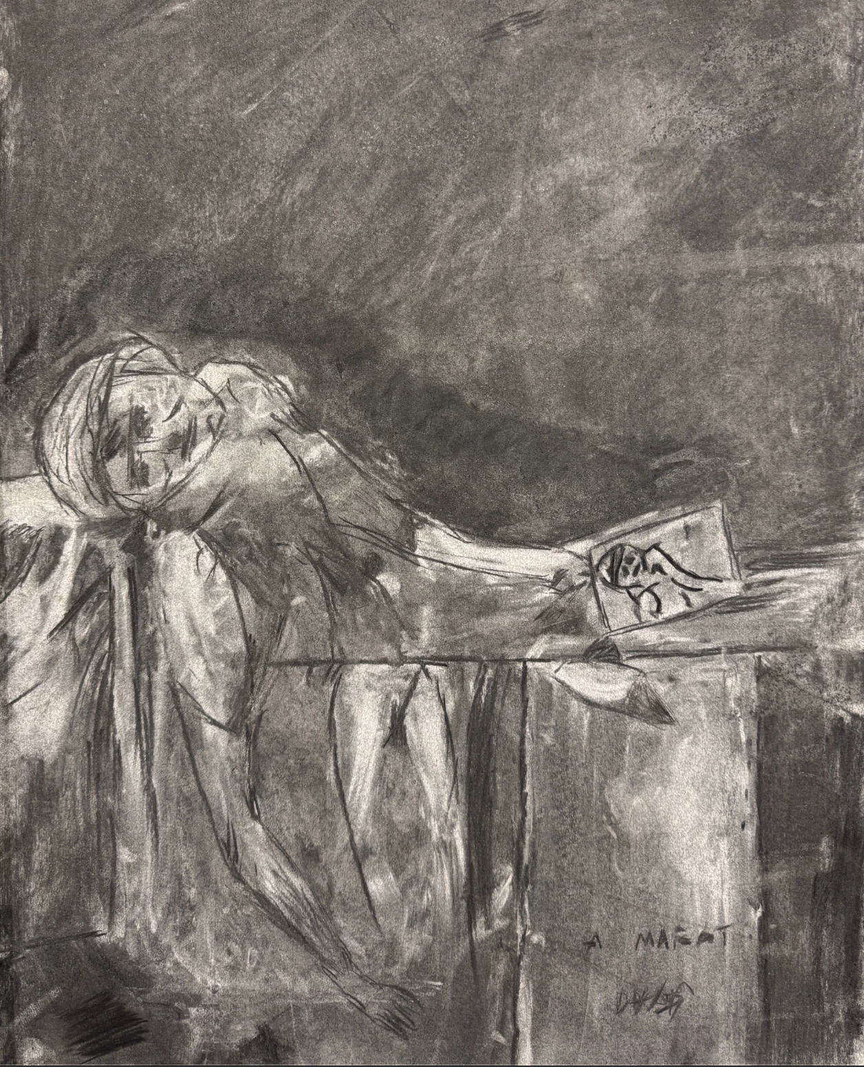 The Death of Marat" painting done in charcoal