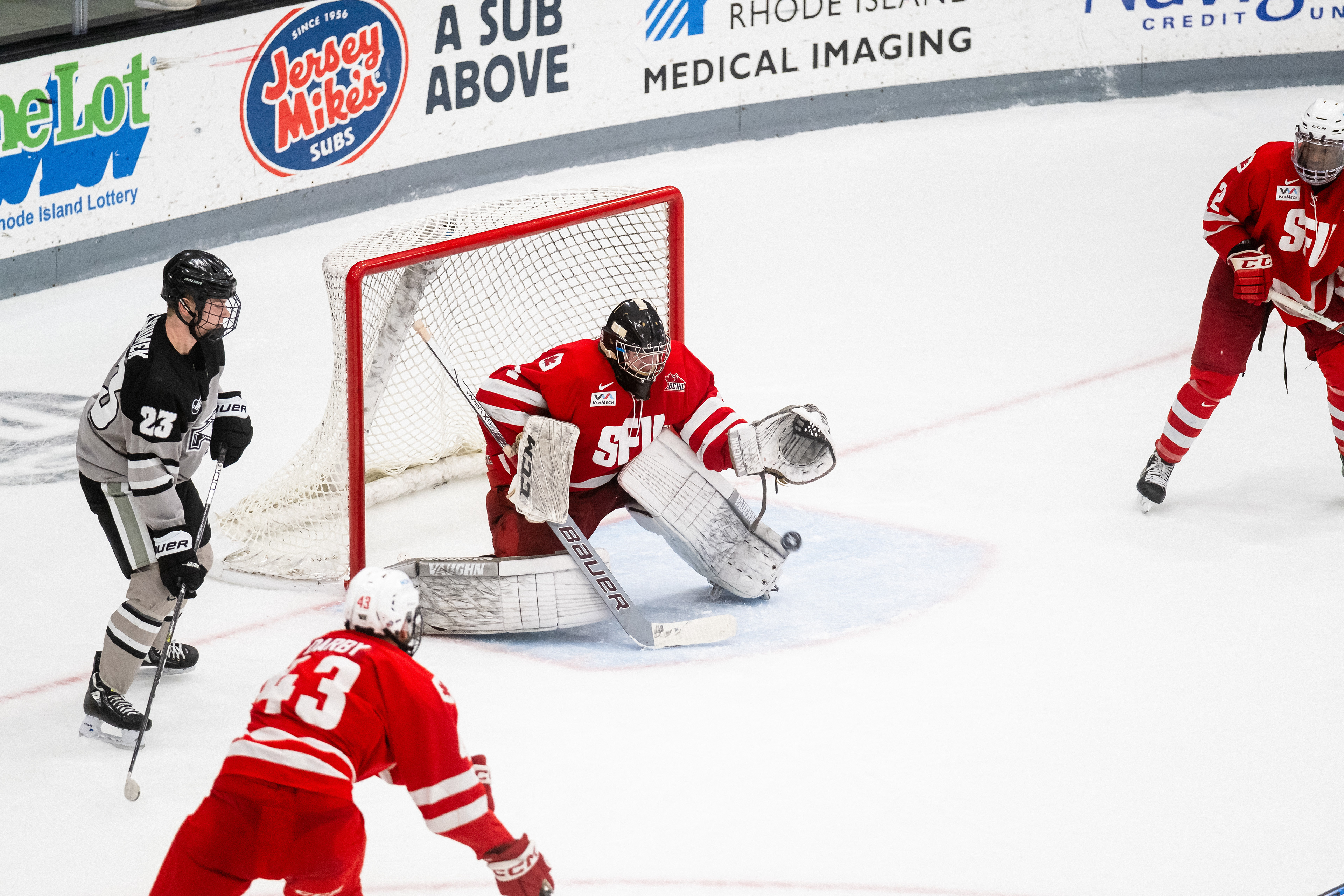 SFU at Providence 01.07.24 | SFU goaltender Andrew Henderson makes a save.