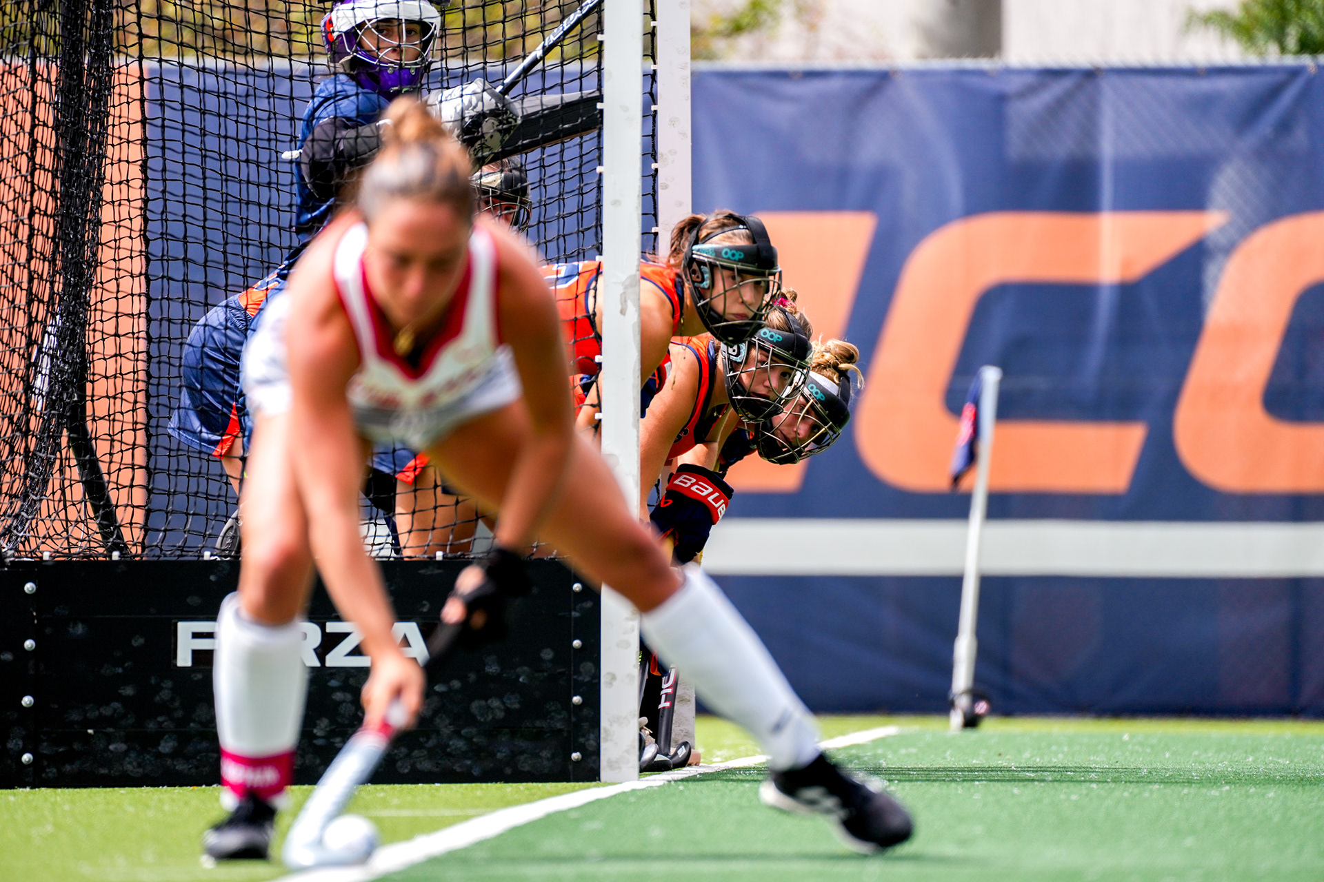 Syracuse defenders line the goal before an Ohio State penalty shot in the JS Coyne Stadium on September 8, 2024.