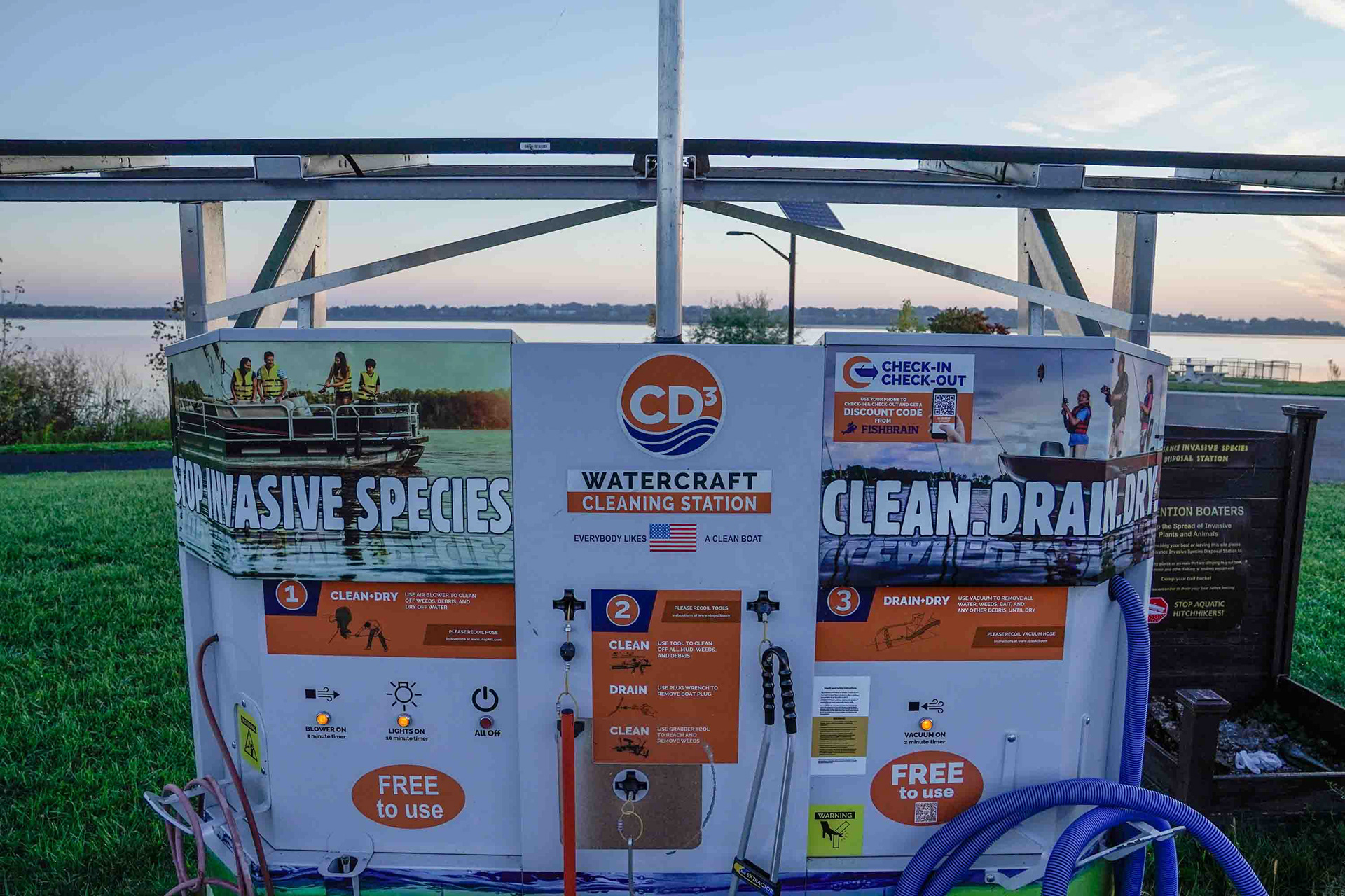 A watercraft cleaning station sits by the Ken Lynch Boat Launch next to the Onondaga Lake Visitors Center on Wednesday, September 30. This method of stopping invasive species and other potential pollutants from entering the lake is a common practice and can be found at each boat launch around the lake.
