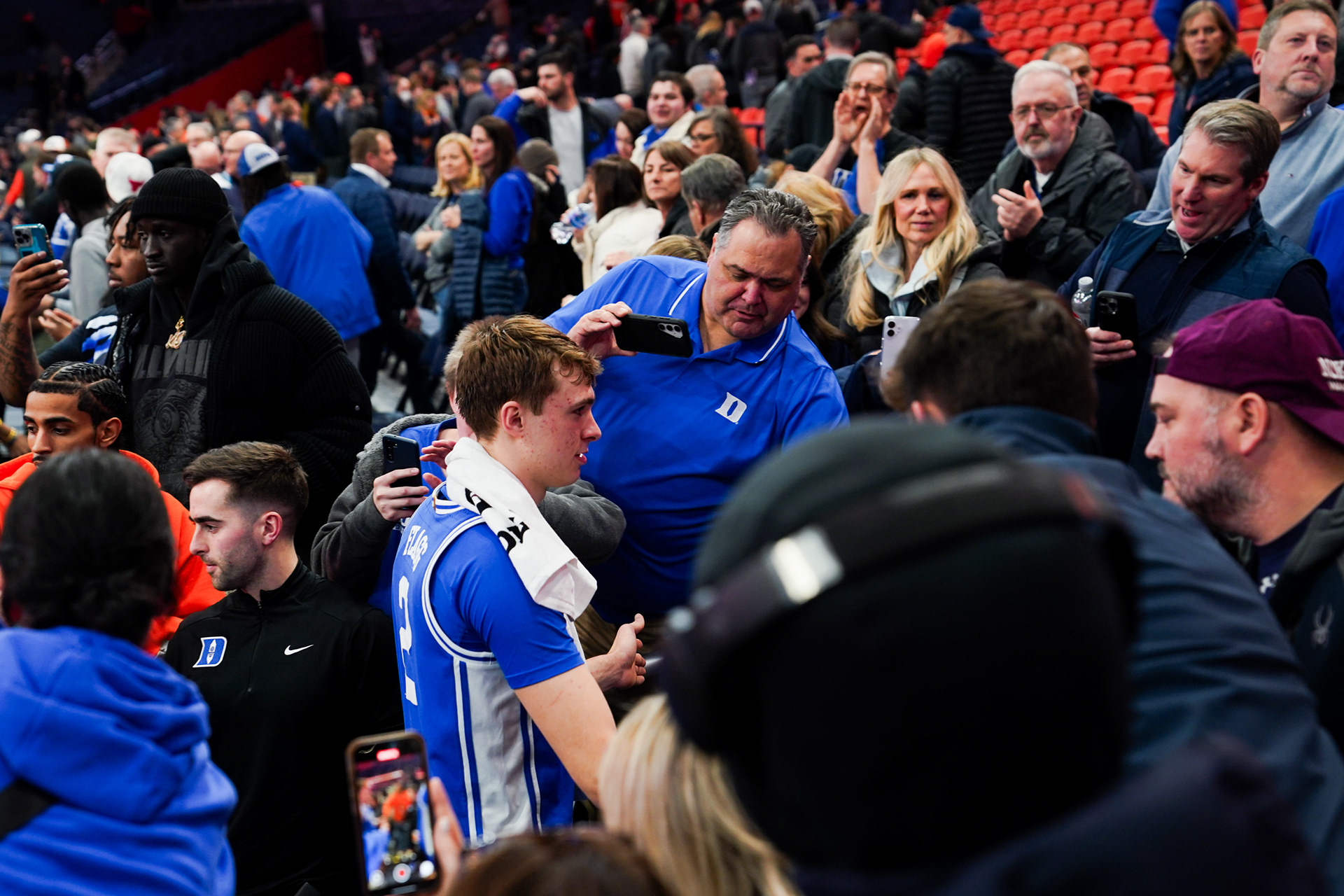 Duke star player and future first overall NBA pick Cooper Flagg returns to the locker room after defeating Syracuse in the JMA Wireless Dome on Wednesday.