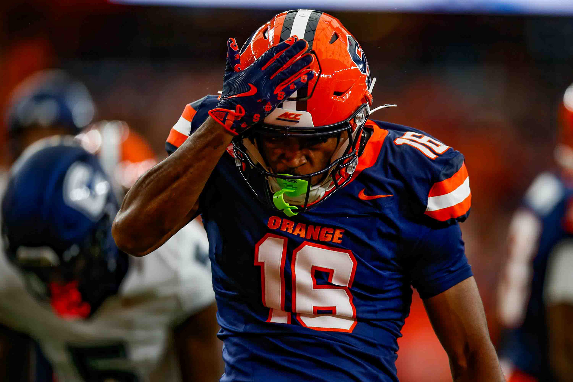 Syracuse defensive back Chris Peal celebrates after a third down stop, which would lead to the game tying drive against UConn at the JMA Wireless Dome. 