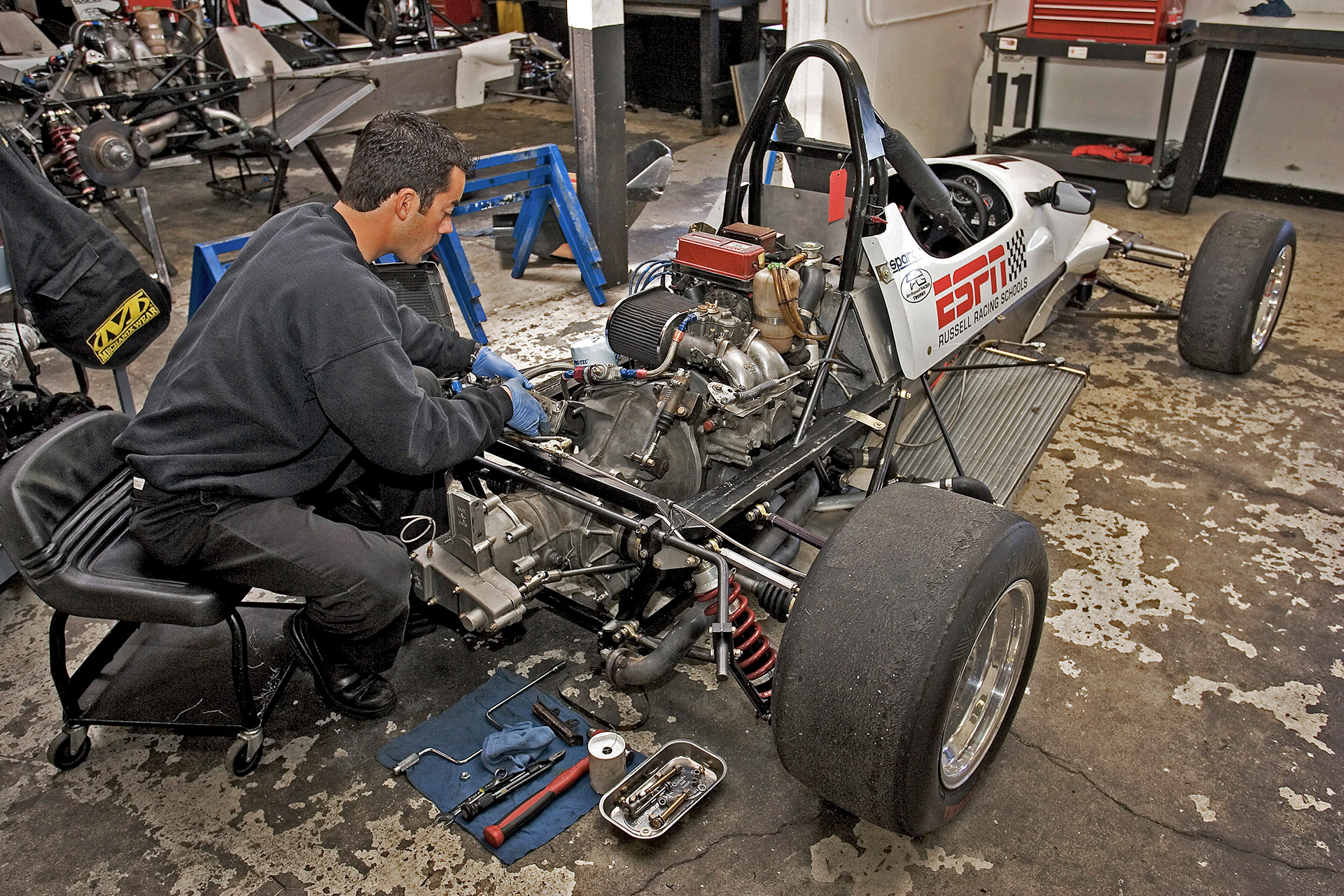 Jim Russell Racing Mechanic School - inside the old Mechanic School building at Sonoma.  ©  IAN DONALD