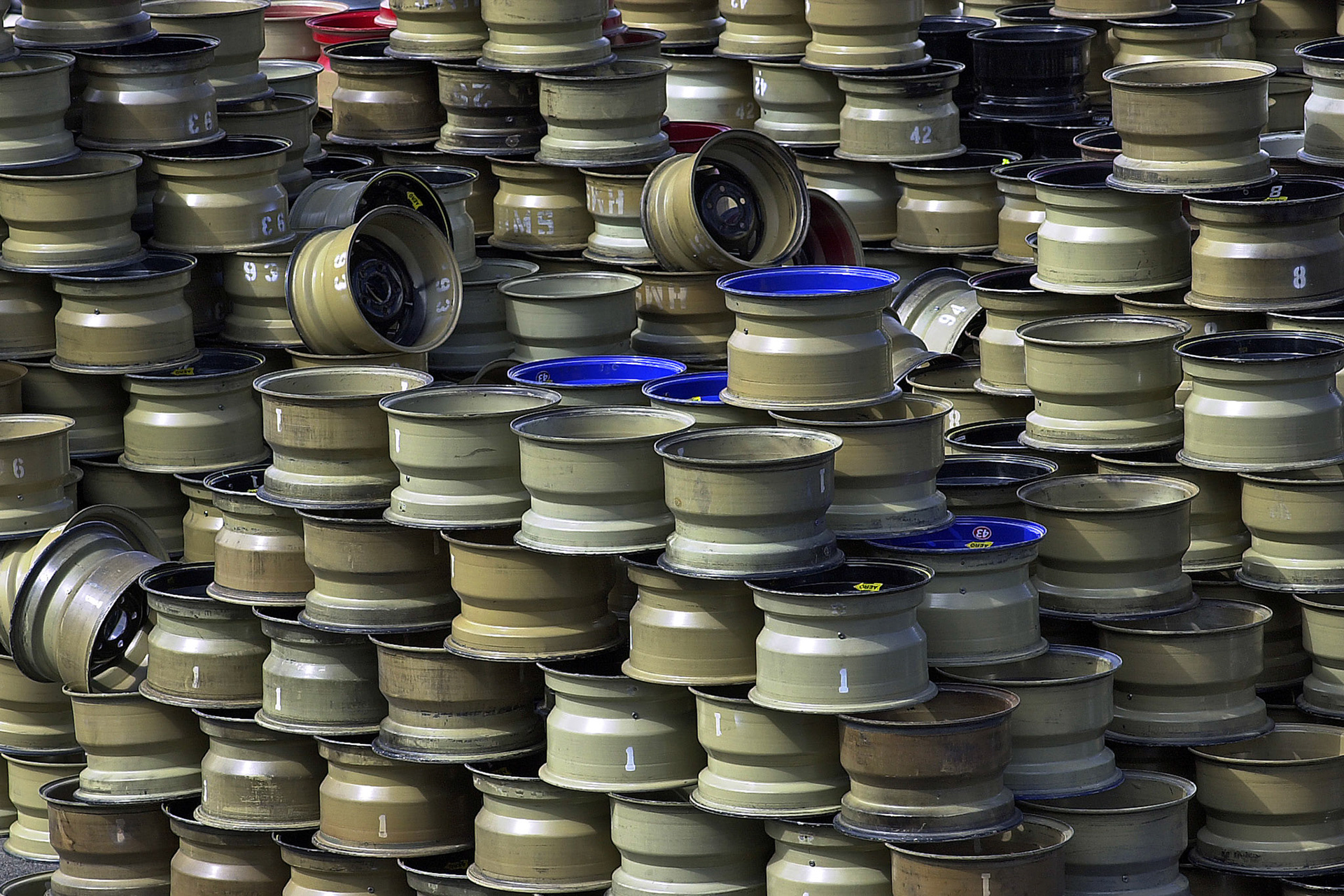 NASCAR wheels left by the Teams for new tires to be fitted at the Goodyear garage area at Sonoma.  ©  IAN DONALD