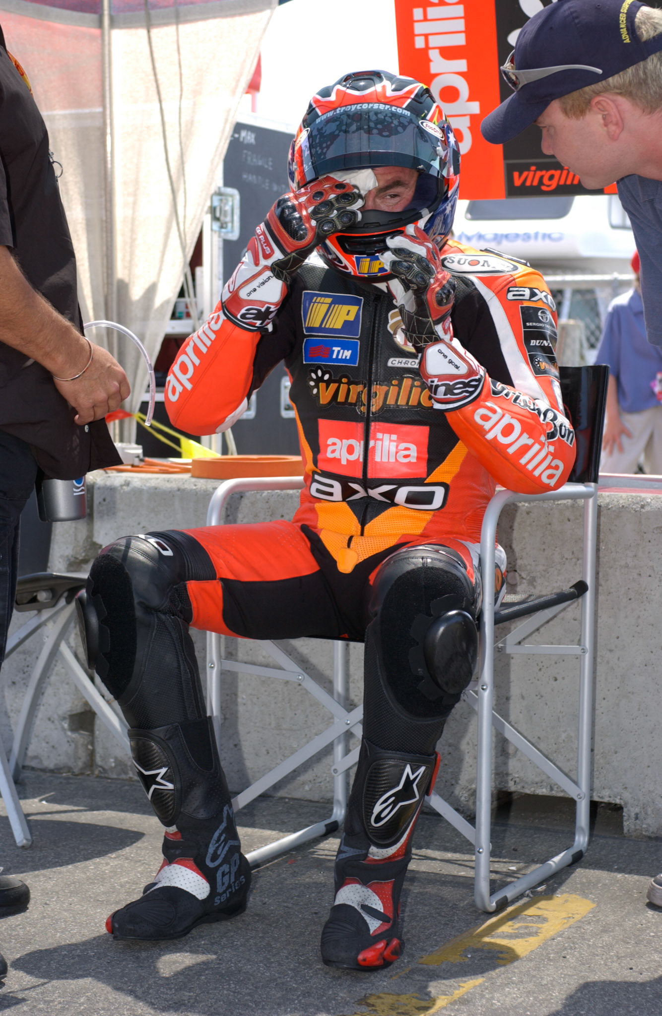                                                                                                                                                                                                                                                                                                                                                                                                                                                                                                                                                                                                                                                                                                                                                                                                                                                                                              Troy Corser trying to cool down after a hot WSB practice session  ©IAN DONALD