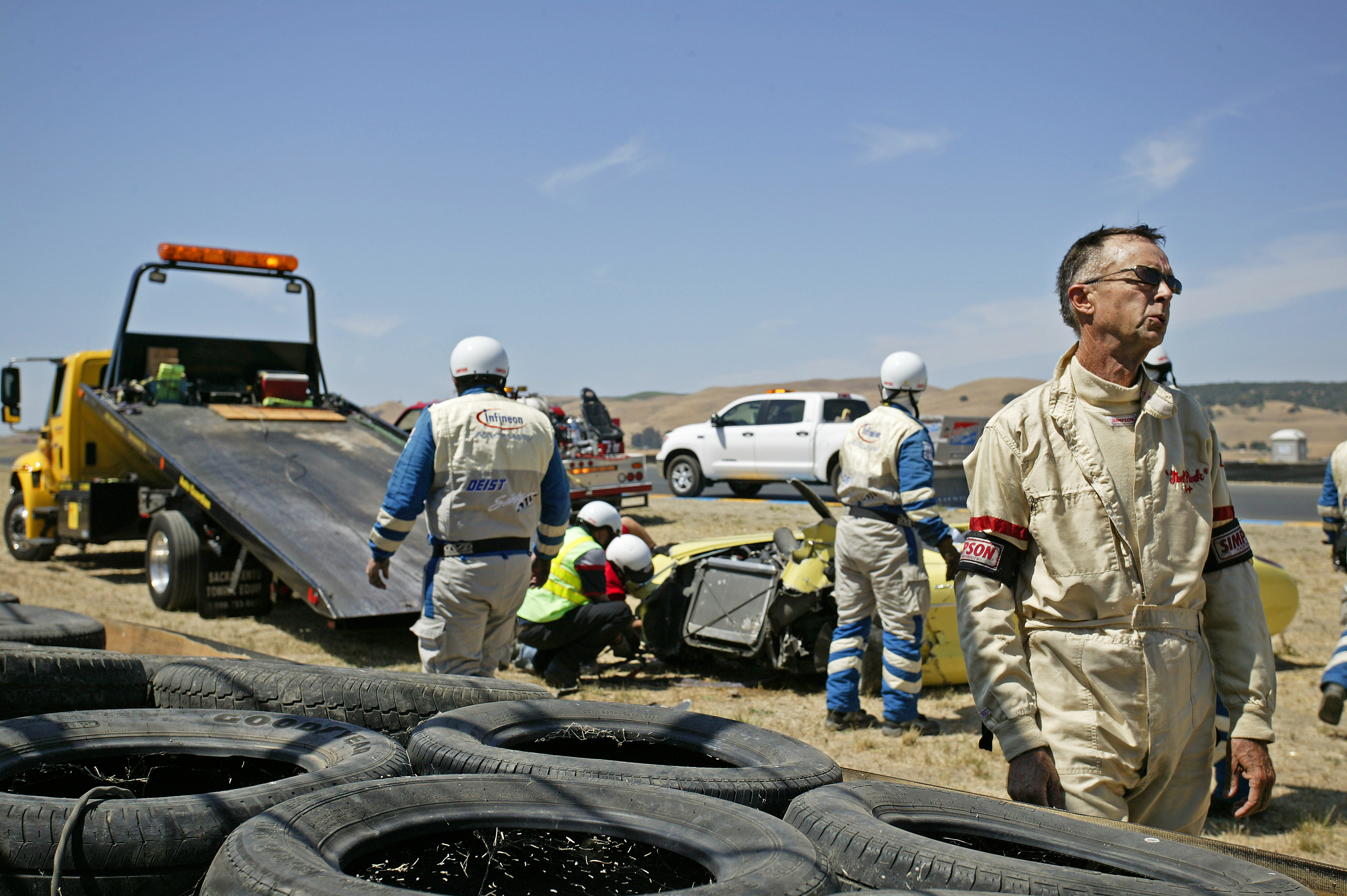He just put his vintage Corvette head-on into the tire wall at Turn 2 during a race at the Wine Country Classic. You had to feel his pain...  ©  IAN DONALD