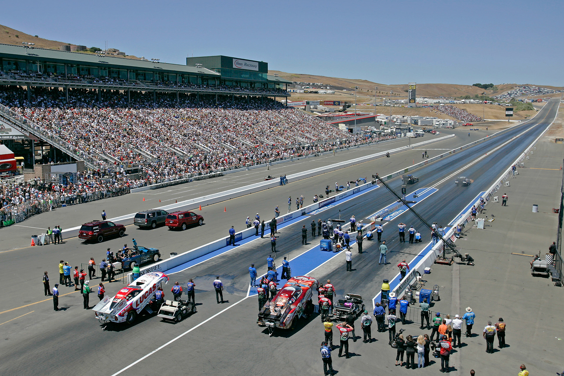 Funny Cars line up for a run at the new Sonoma Raceway Drag Strip.  ©  IAN DONALD