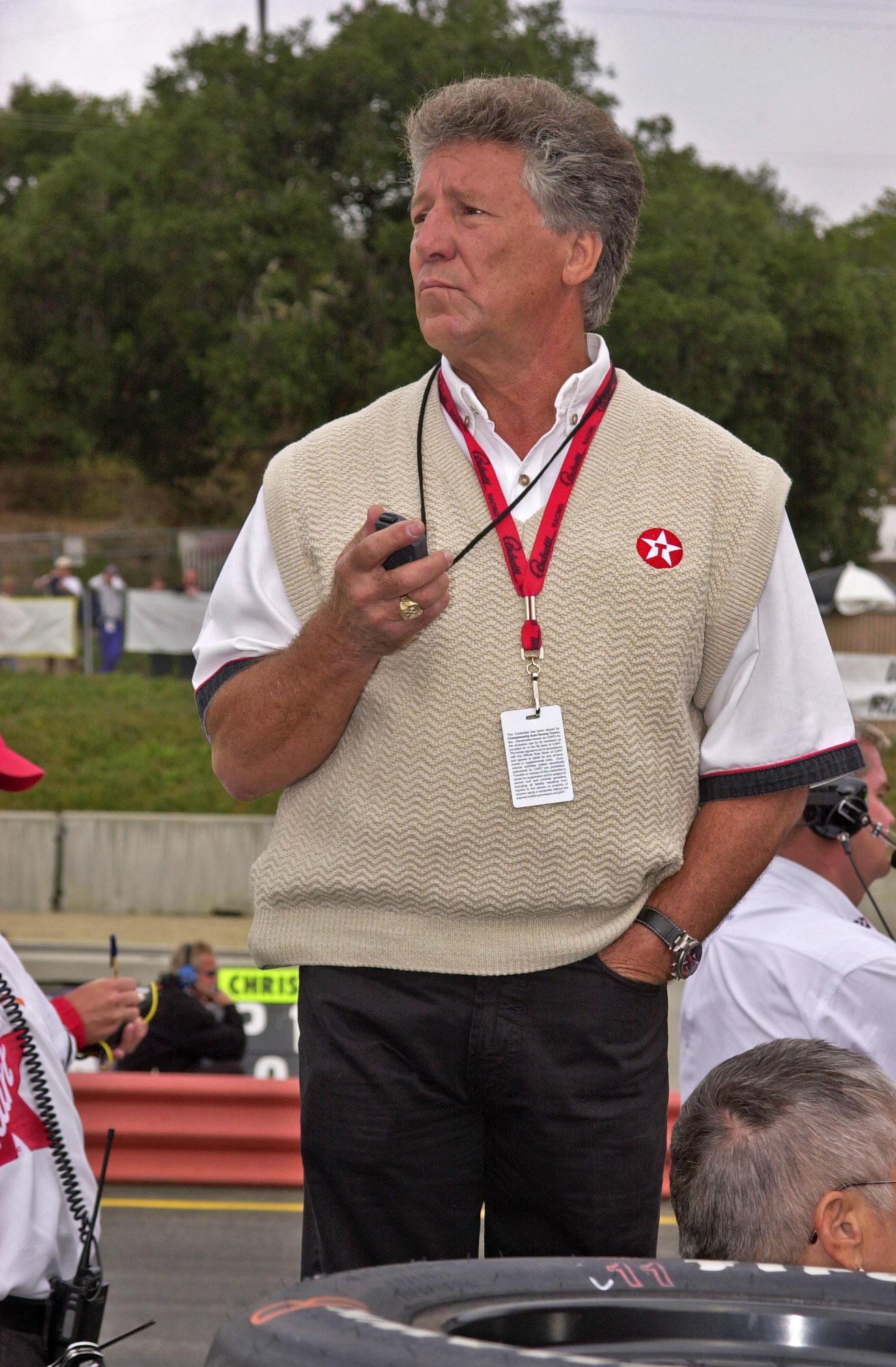 Mario Andretti on the stopwatch in the Newman Haas pits.  ©  IAN DONALD