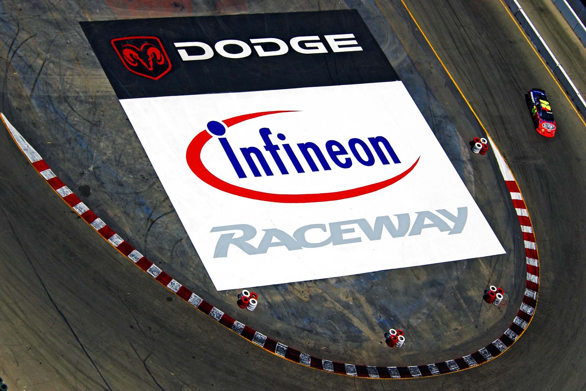 Jeff Gordon from a helicopter above Turn 11 at Infineon Raceway. In 2002, Infineon Technologies purchased the naming rights for Sears Point Raceway  for 10 years and the track was known as INFINEON Raceway from 2002-2012.   ©  IAN DONALD