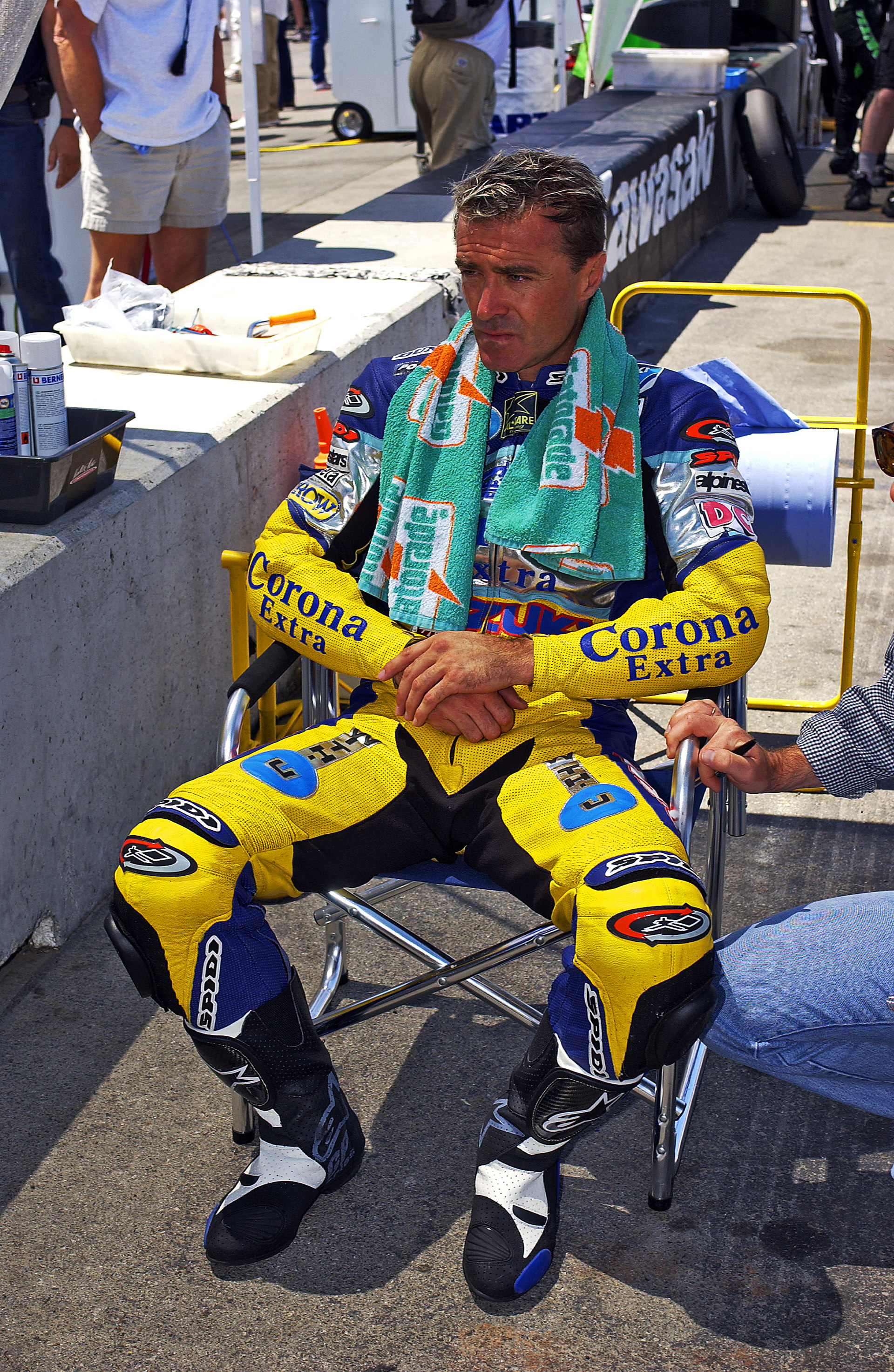 Frankie Chili taking a break after a hot practice session at Laguna Seca.  ©  IAN DONALD