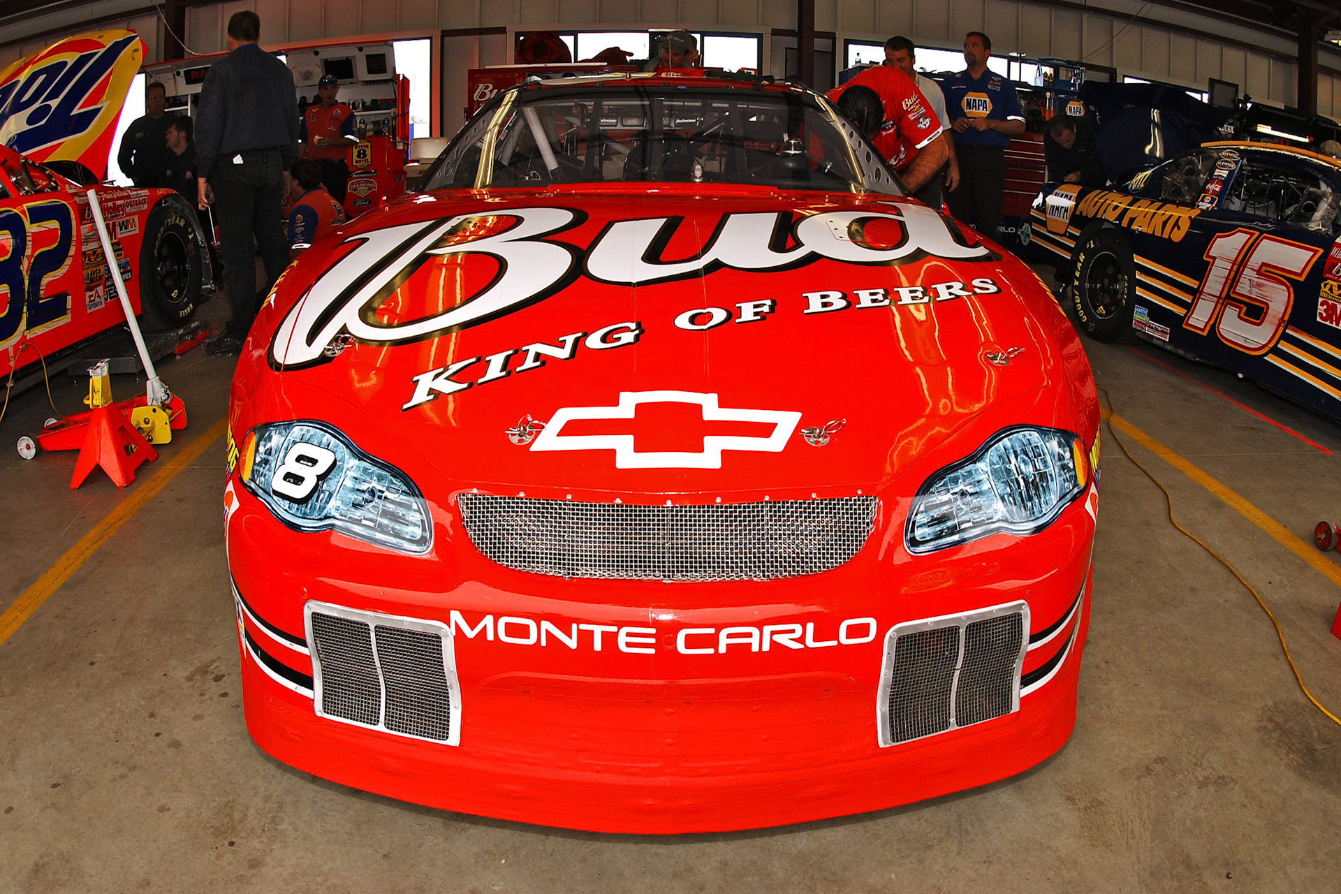 Dale Earnhardt Jr's #8 Budweiser car in the garage.  ©  IAN DONALD