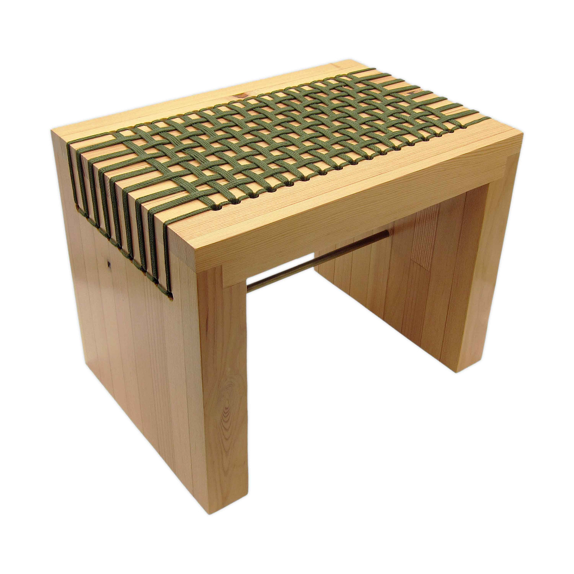 Butcher block stool with a brass support rod and a green woven seat