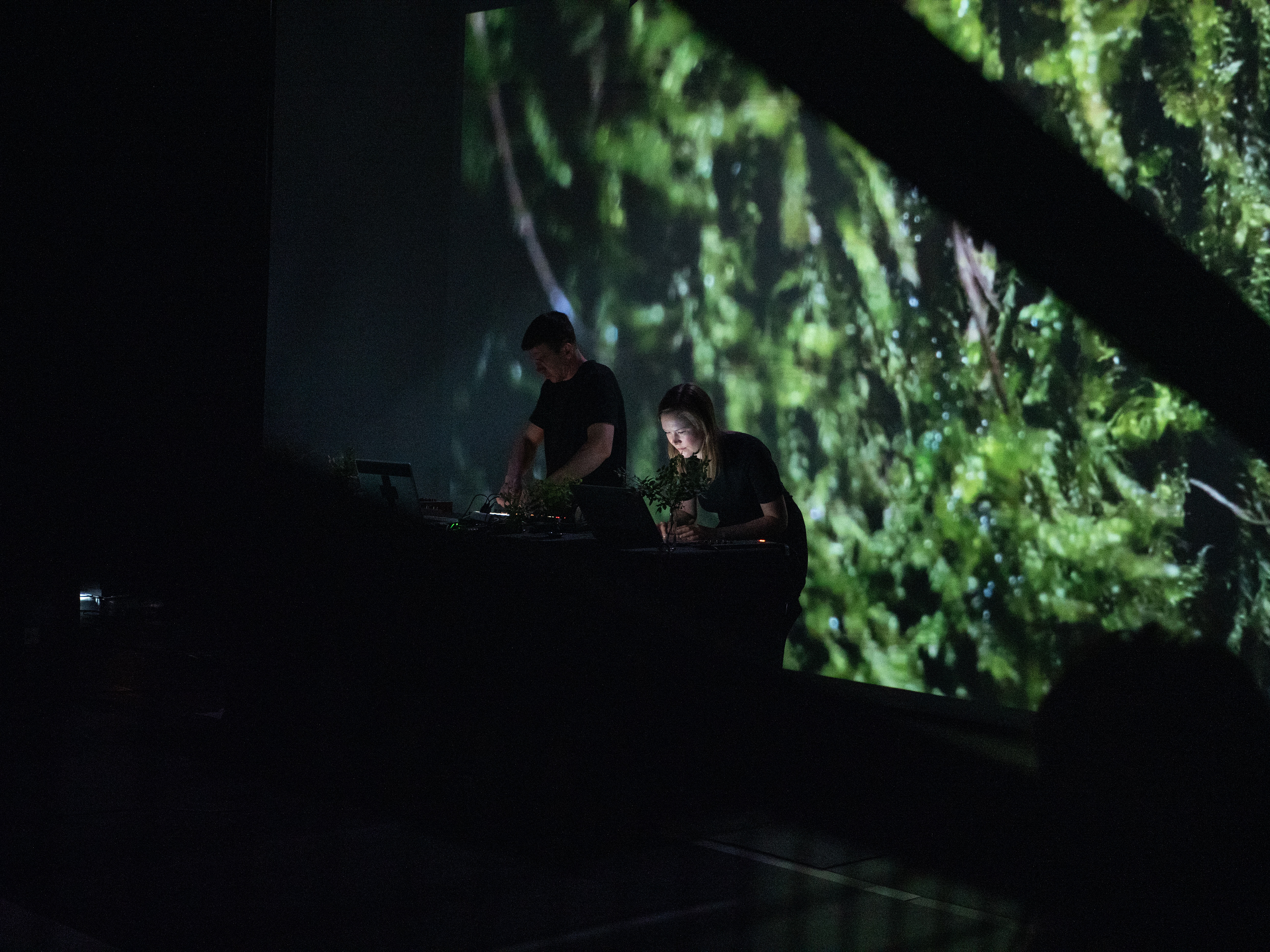 Hendrik Kaljujärv and Merle Karp performing Nature as Magic at Pixelache Festival in Oodi Central library