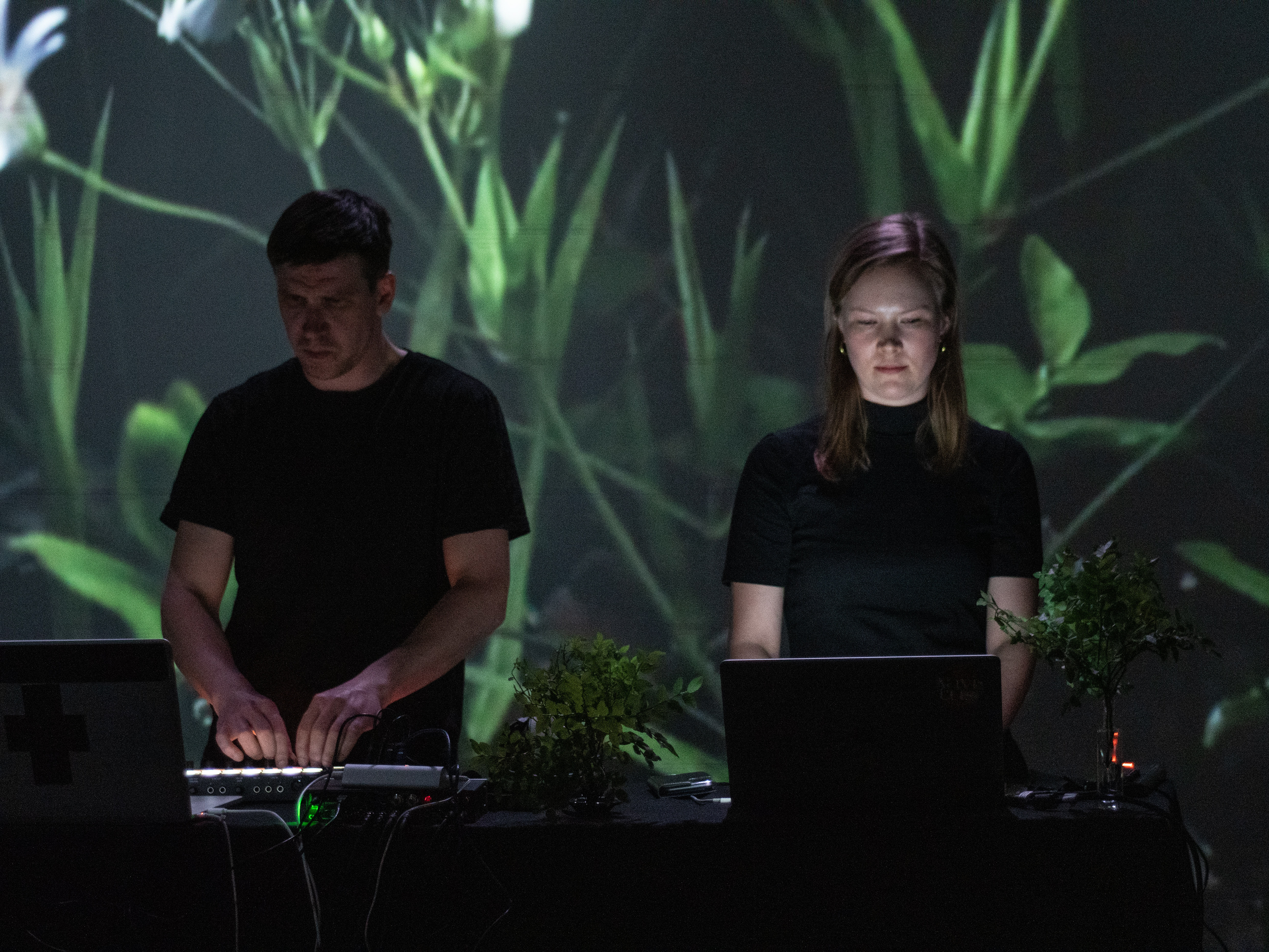 Hendrik Kaljujärv and Merle Karp performing Nature as Magic at Pixelache Festival in Oodi Central library