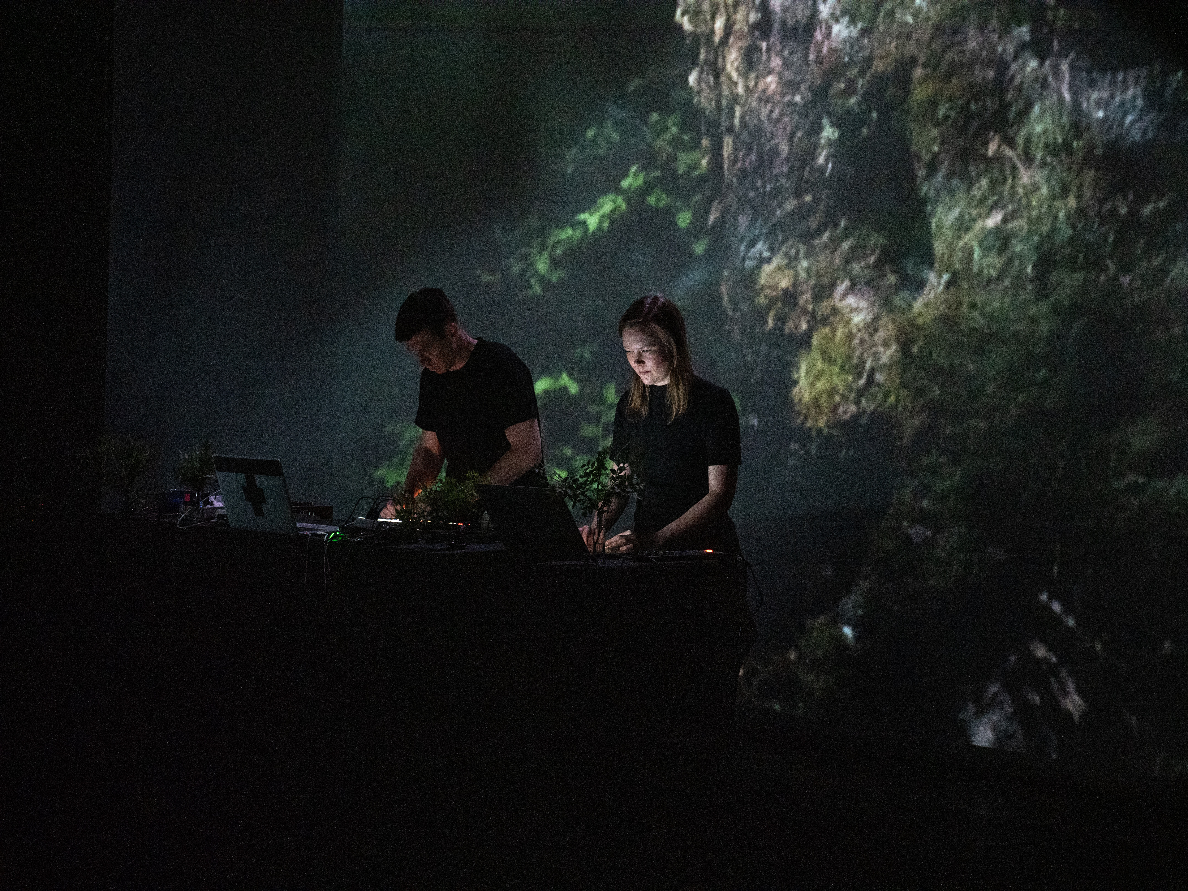 Hendrik Kaljujärv and Merle Karp performing Nature as Magic at Pixelache Festival in Oodi Central library