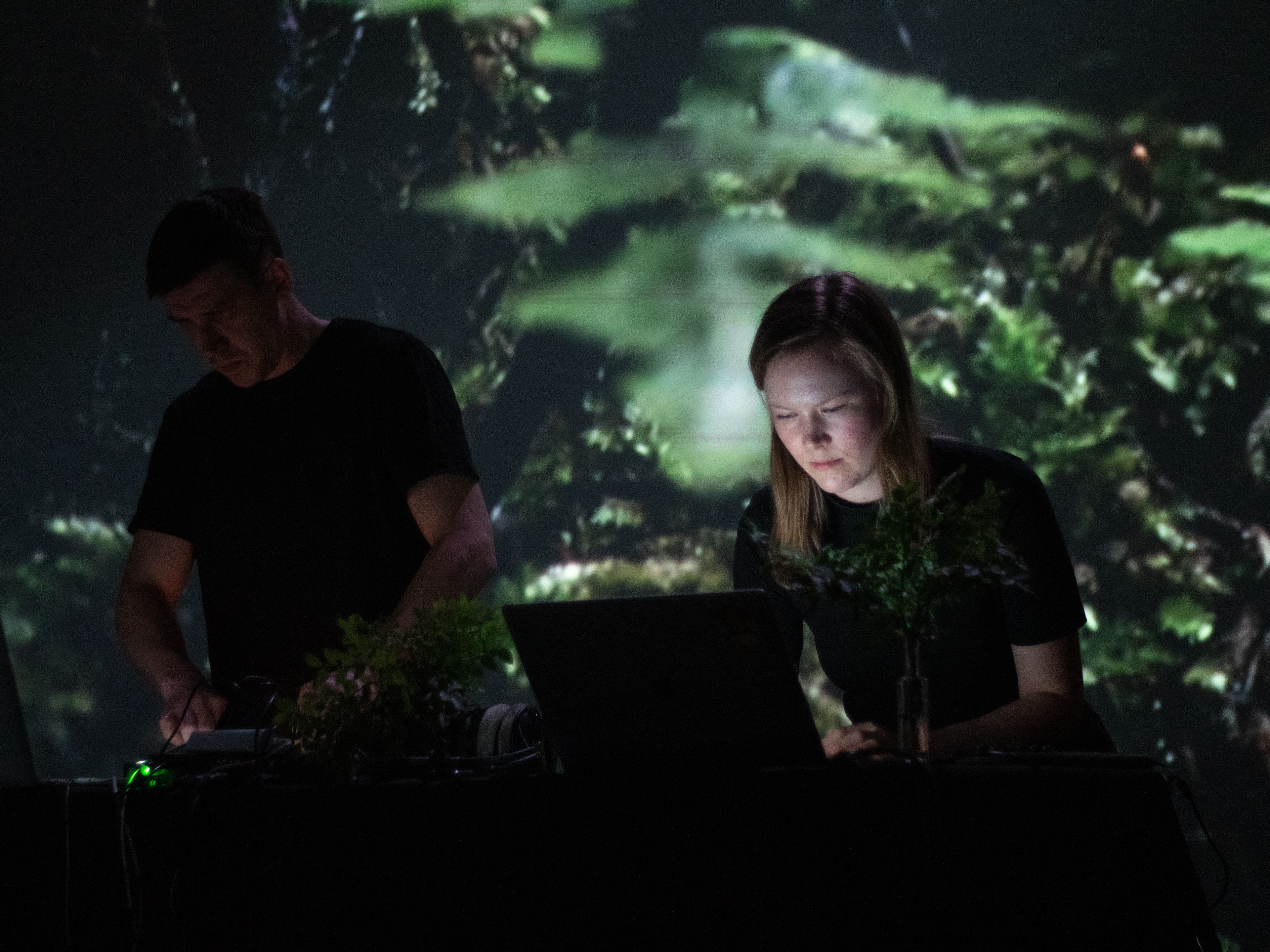 Hendrik Kaljujärv and Merle Karp performing Nature as Magic at Pixelache Festival in Oodi Central library