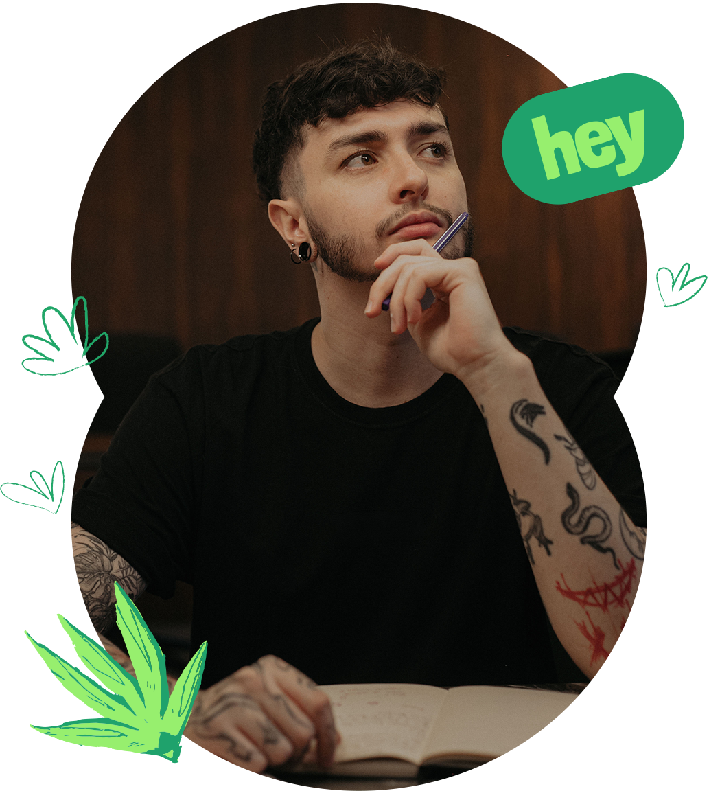 retrato de Davy Sell com um balão estilizado escrito "hey" e algumas ilustrações autorais compondo a cena.