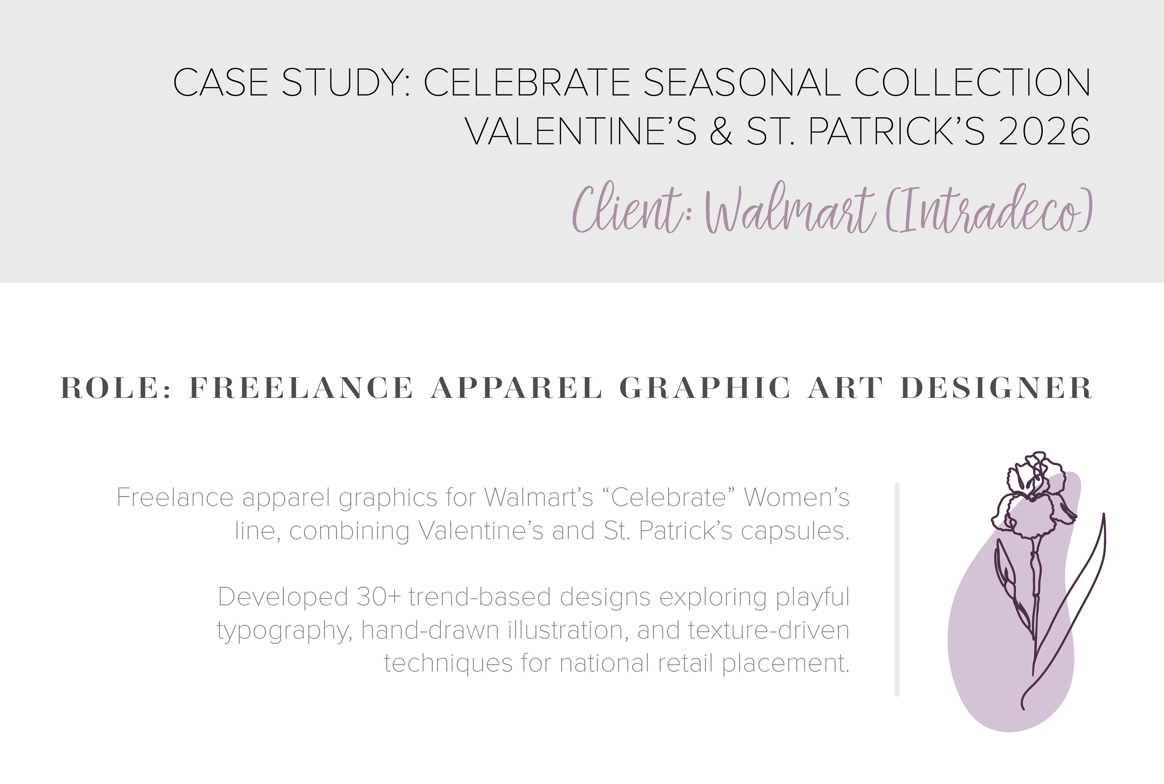 Freelance apparel graphic design case study for Walmart’s Celebrate women’s line, featuring Valentine’s Day and St. Patrick’s Day seasonal capsule collections.