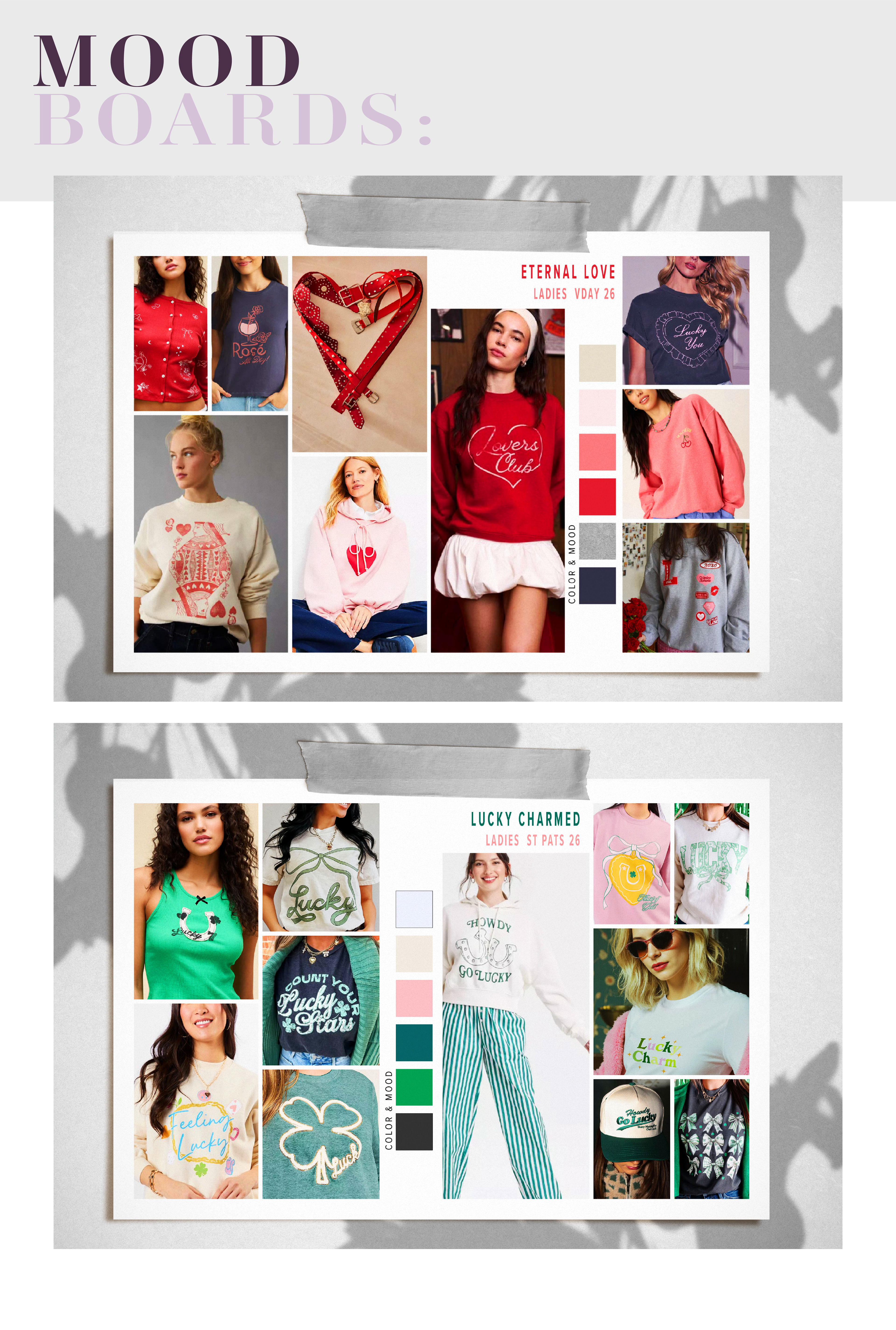 Fashion and apparel mood boards developed for a dual-holiday seasonal capsule, blending Valentine’s romance with St. Patrick’s charm for a cohesive retail color story.