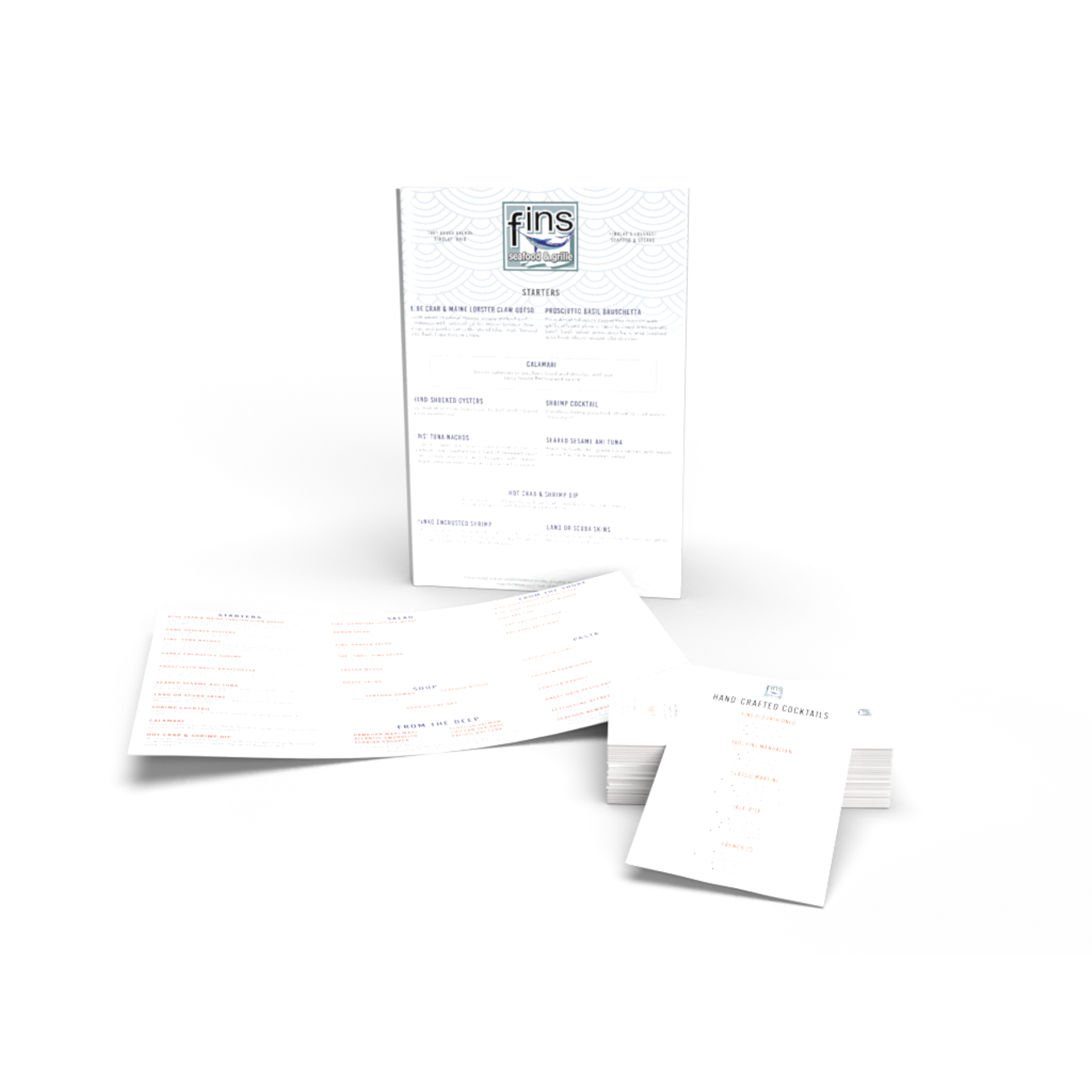 A main menu, takeout menu, and cocktail menu that share a modern, light aesthetic.
