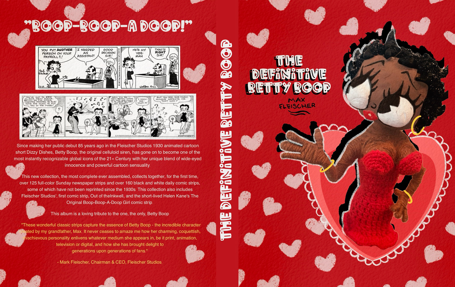 Book cover design for The Definitive Betty Boop. I created an articulated, posable Betty Boop doll from yarn, fabric, and mixed materials, then photographed and digitally composited her with vintage comic elements. The goal was to celebrate Betty’s playful charm and iconic silhouette through a handcrafted, contemporary reinterpretation.