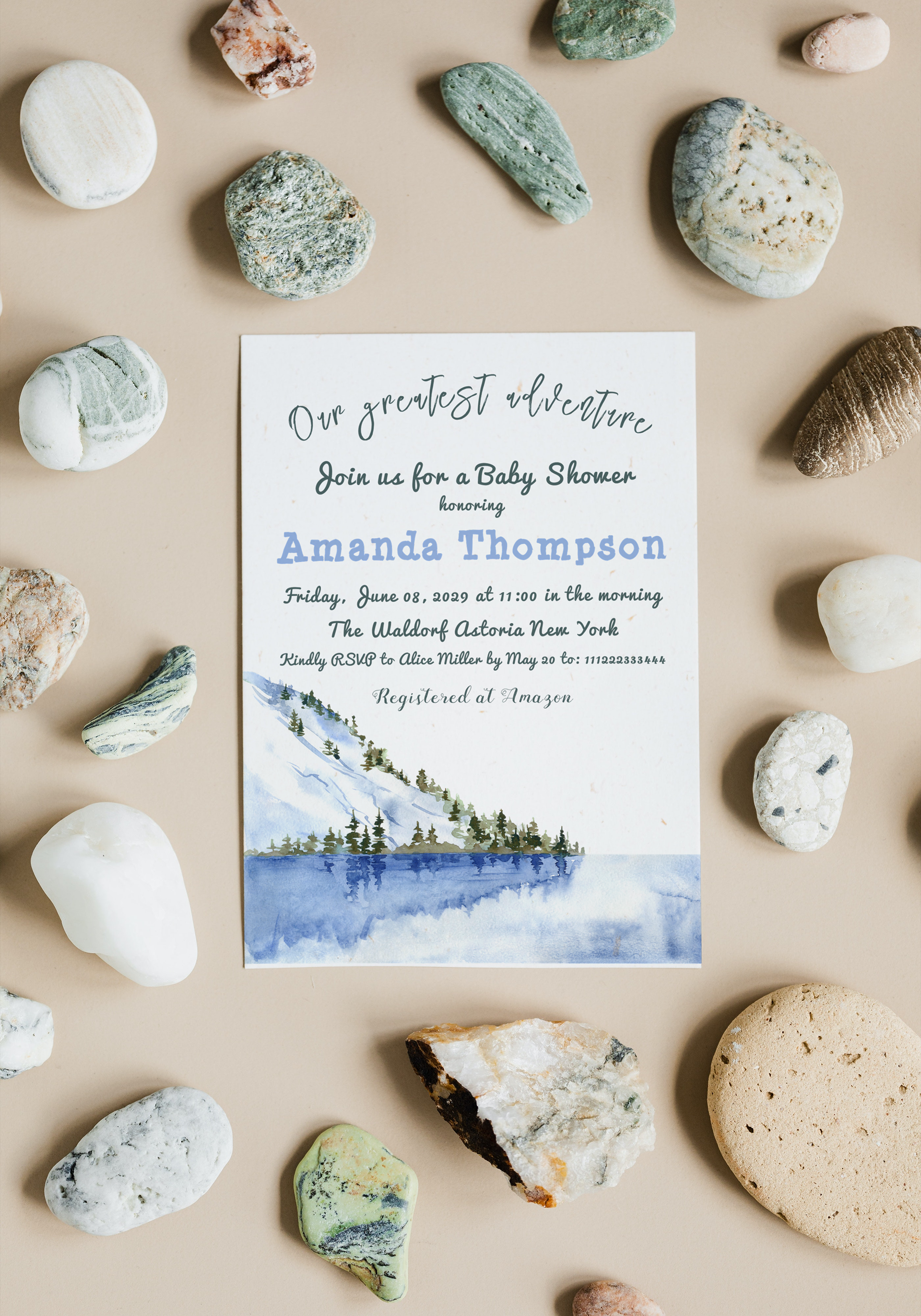 Modern Winter Adventure Baby Shower Invitation features a copse of tall watercolor pine trees and Mountaines