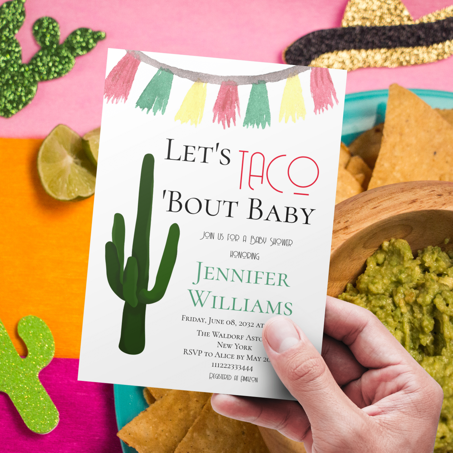 Elegant Mexican Fiesta Themed Baby Shower Invitation Let's Taco 'Bout Baby with traditional simple elements like Cactus and bright decor