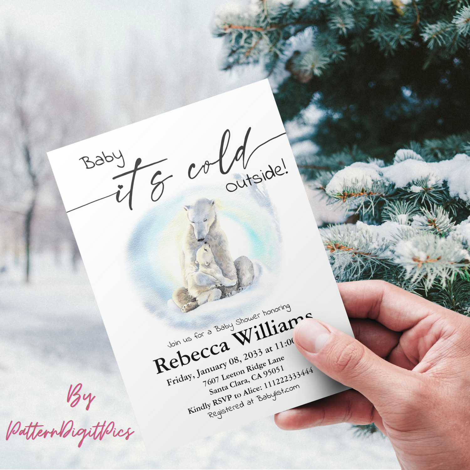 Watercolor Polar Bear Mommy with little bear cub Winter Themed Baby Shower and calligraphy script text "it's cold outside" or "We can Bearly Wait!" in white and black colors.