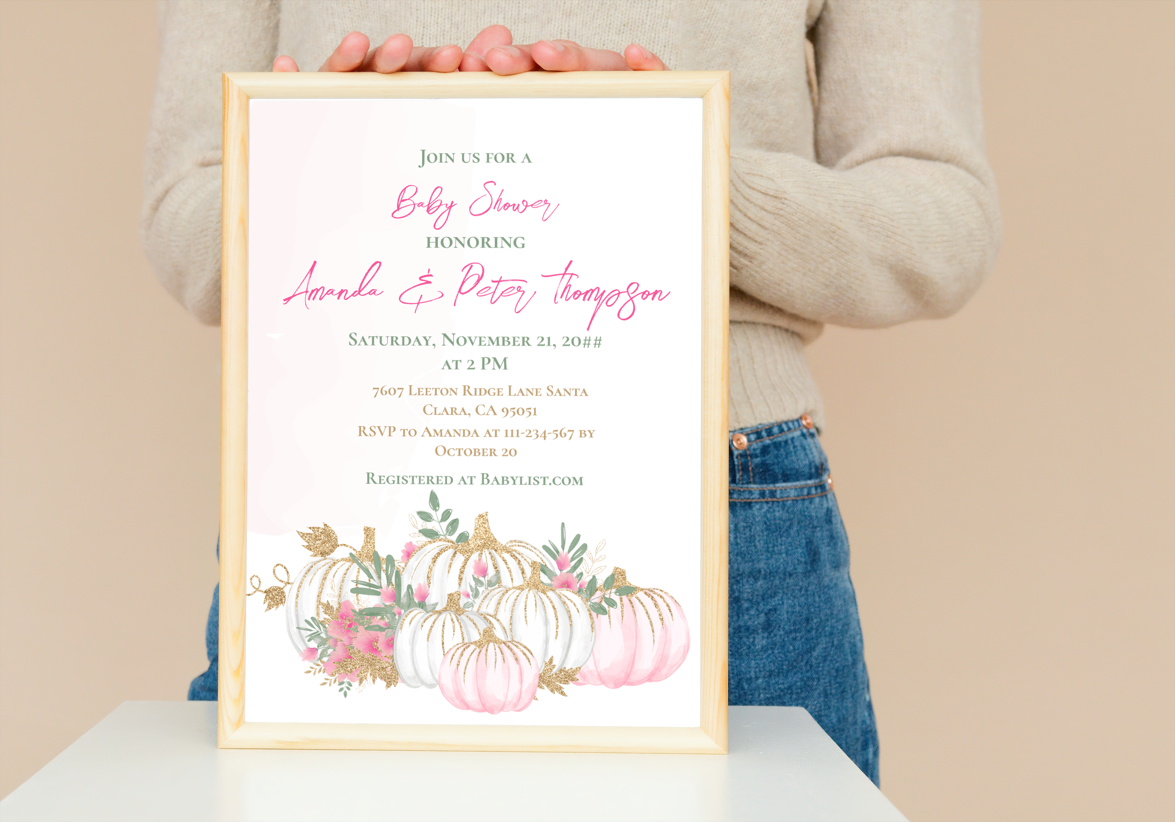 Modern Gold, Blush Pink and White cute Pumpkin with flowers Baby Shower invitations