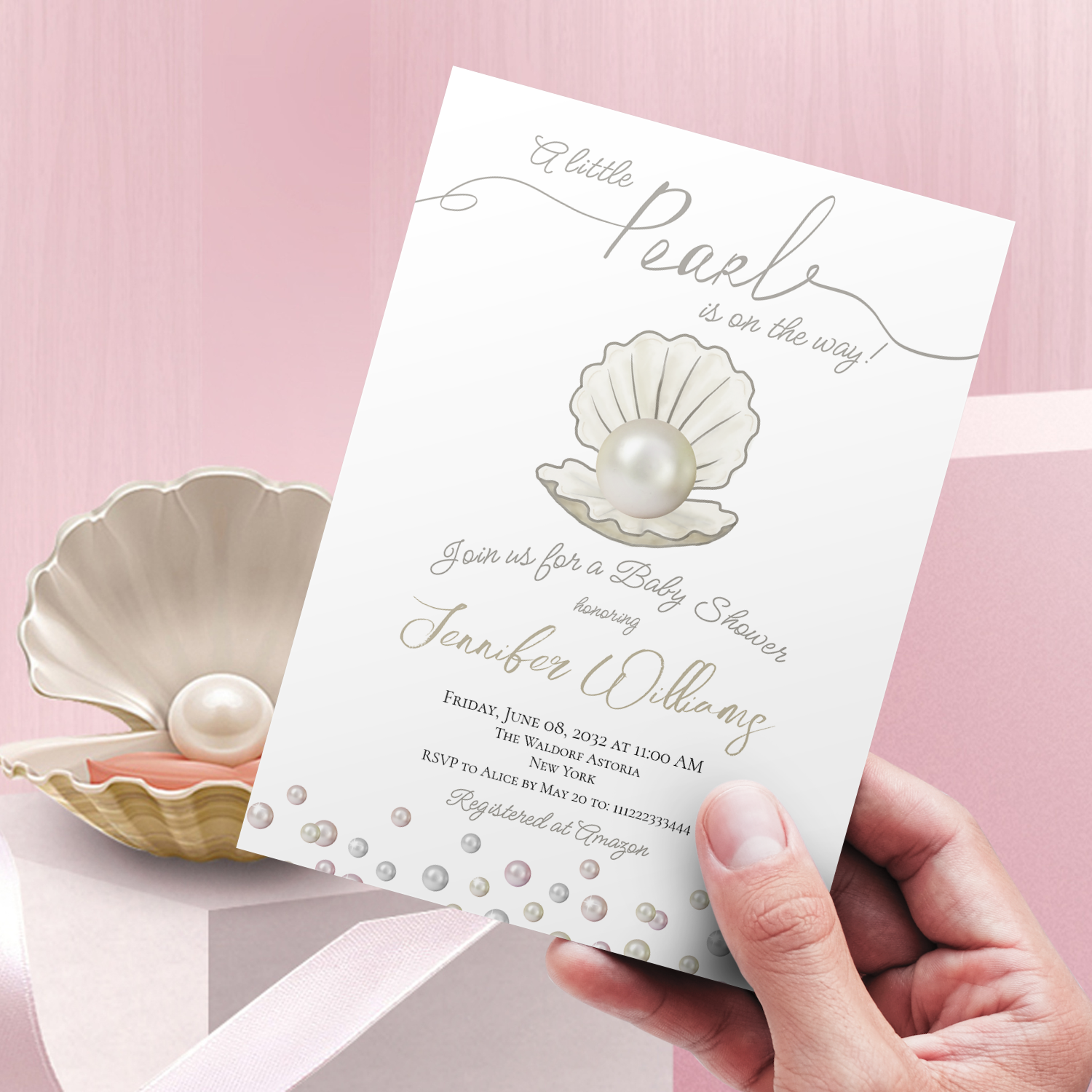 Modern Hand Painted Seashell with Pearl Core and Pearls Decor and Calligraphy script text " A little pearl on the way" Under the Sea Themed Baby Shower Invitation