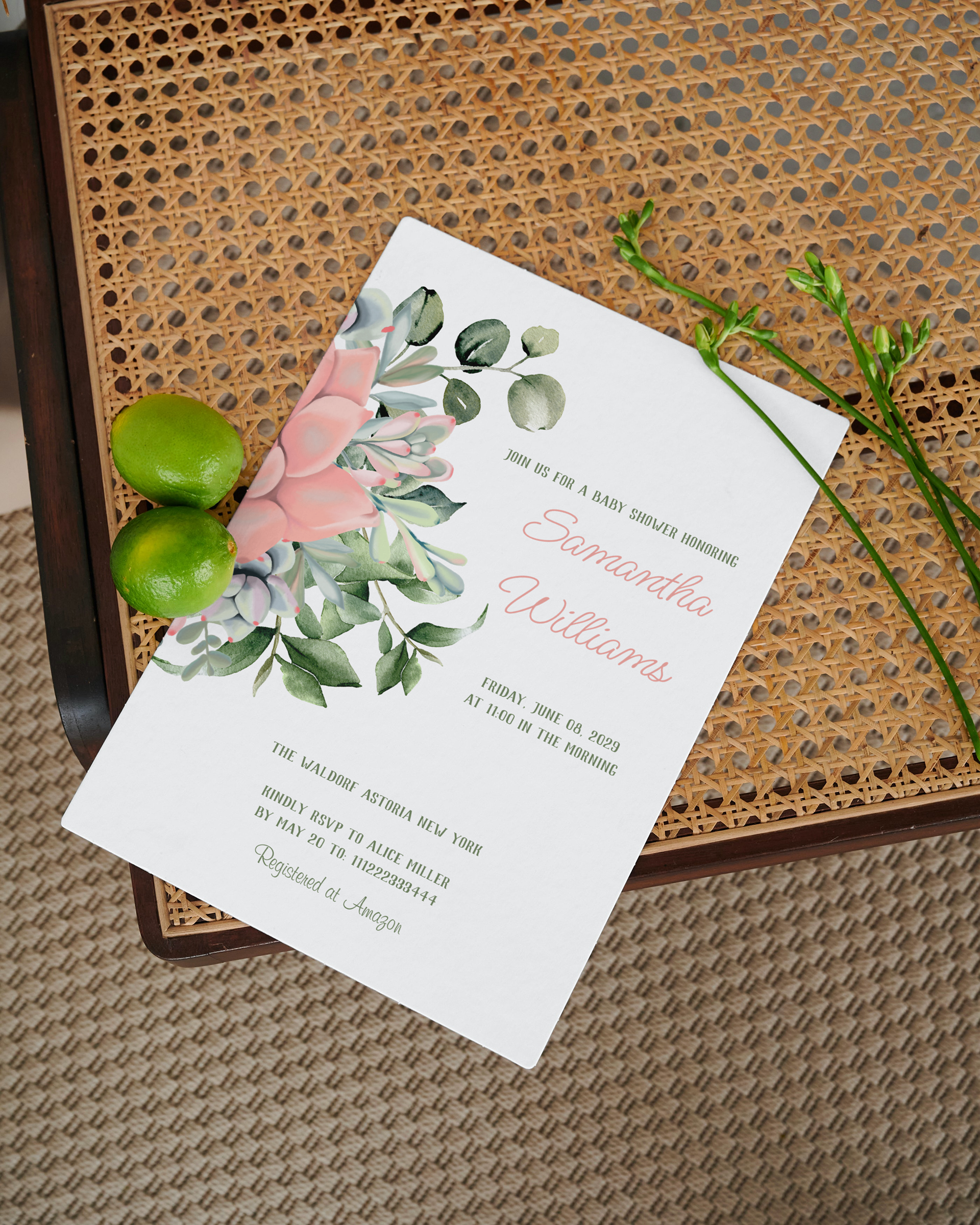Elegant Blush Pink Peach Succulent with greenery eucalyptus baby shower invitation with limes on photo