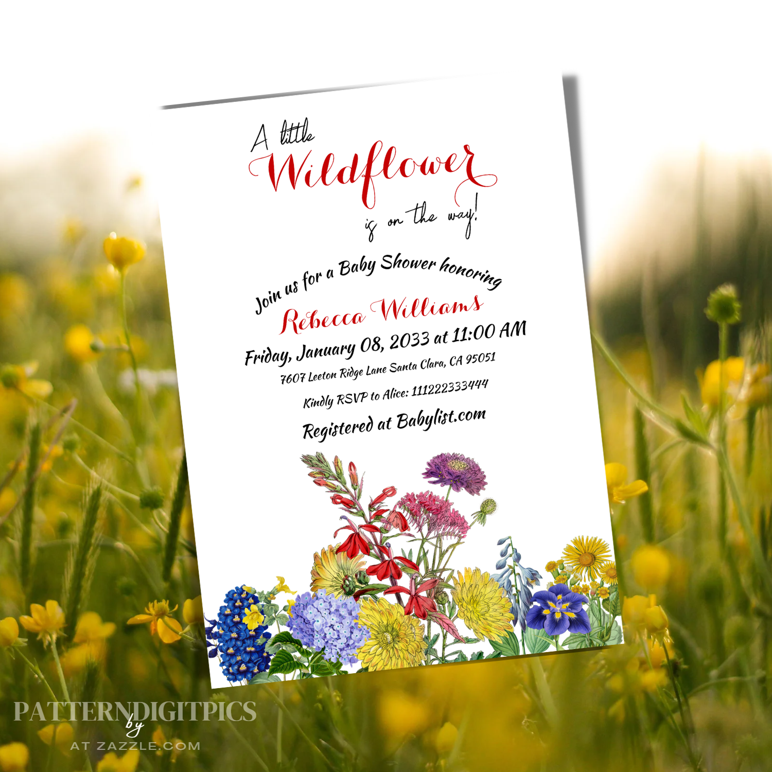Watercolor Floral Bouquet of Flowers Baby Shower Theme Baby in Bloom invitation with text "A little Wildflower is on the way!" with wild red, blue, yellow, green and pink colors and yellow flowers field on the background