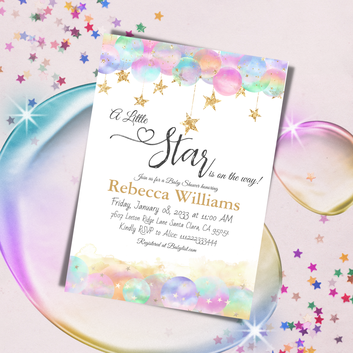 Colorful Rainbow Bubble Clouds and Glitter Gold Foil Stars and Calligraphy text "A little Star is on the way!" Baby Shower Invitation